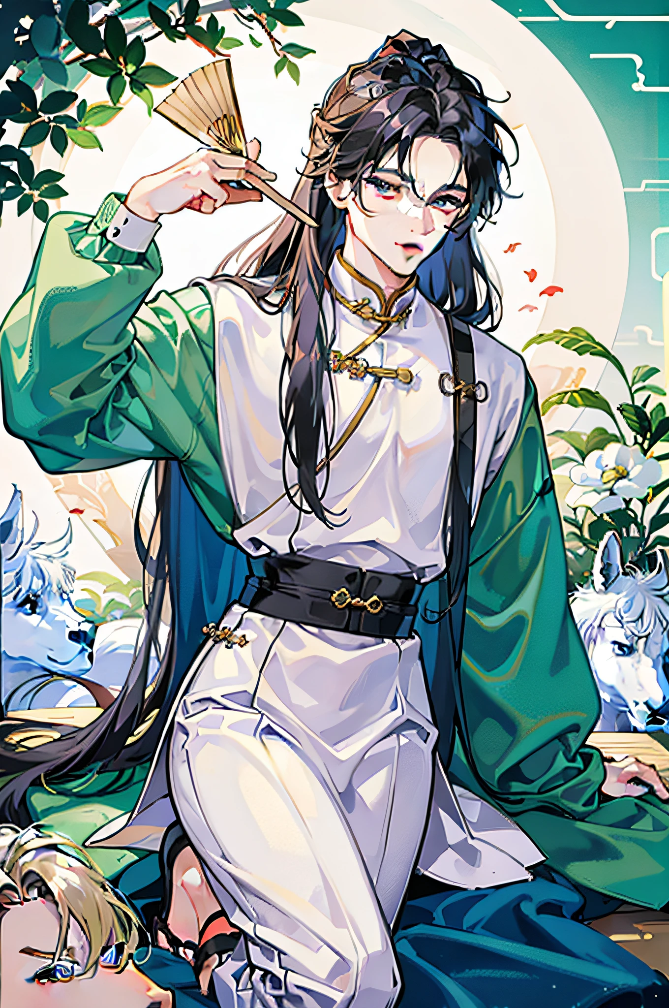 An ancient Chinese man,long hair,22years old,take a fan,Ride a white horse,white Period dress for boys,thin,beautiful