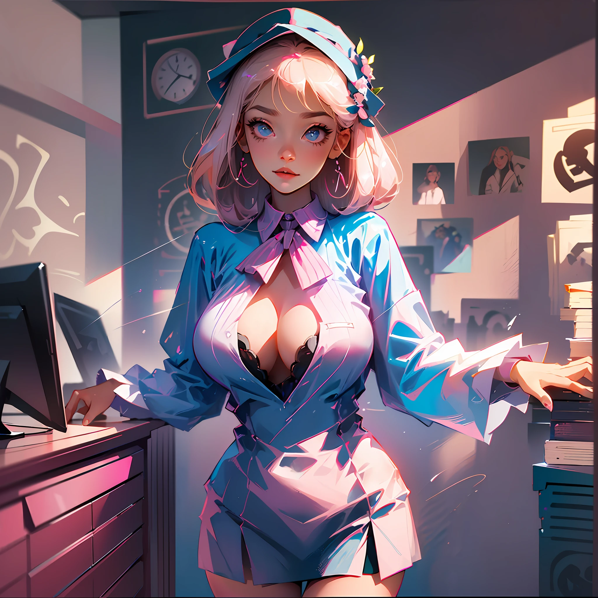 ((masterpiece, best)),(1girl),((mature woman)), light pink hair, dizzy, trumpet, ((office lady)), bangs, mid-chest, (full), slim, smiling, [wide hips] ,office,standing, aru \(blue archive\), --auto --s2