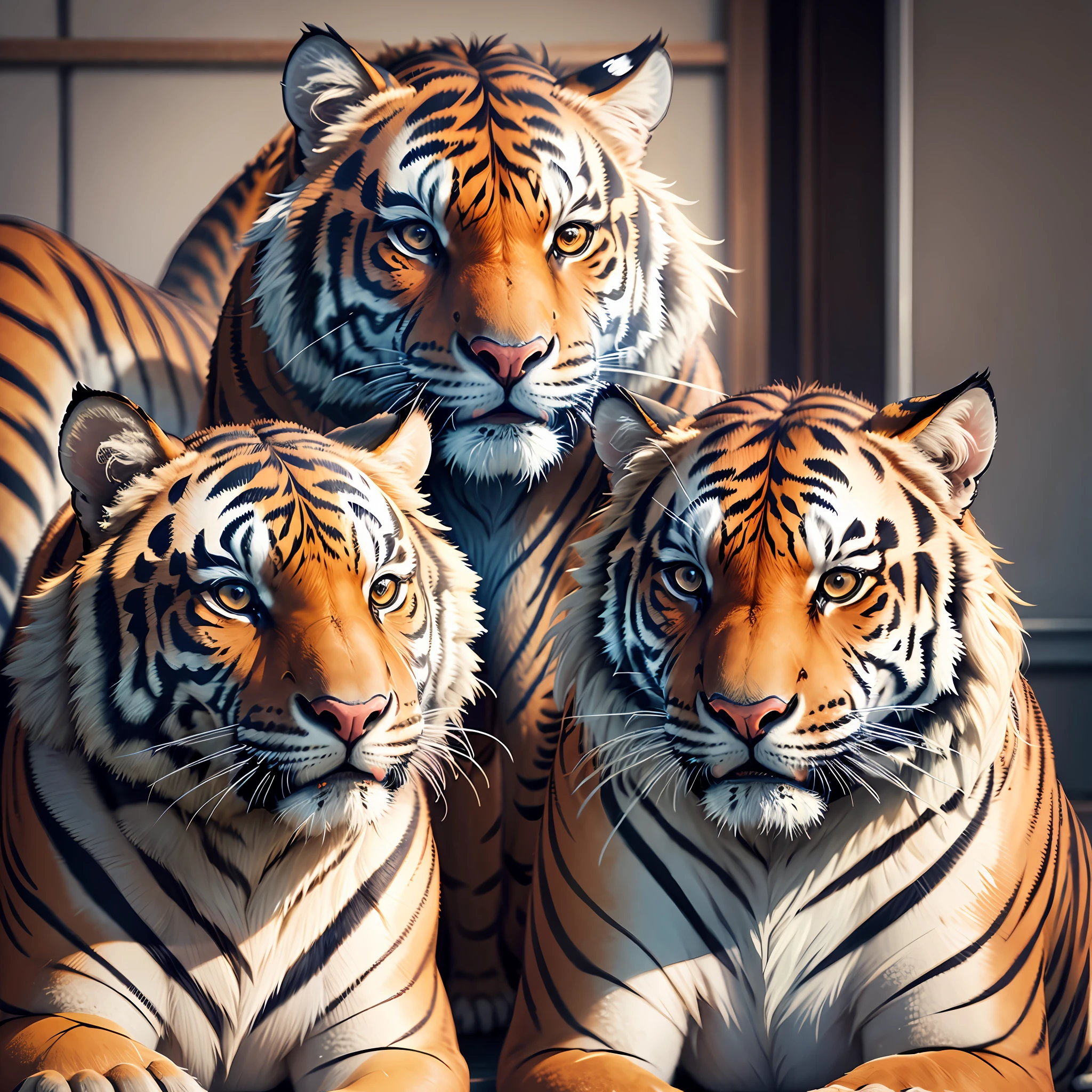 United family of tigers, 8k raw photo, realism, masterpiece, award-winning photography --auto --s2