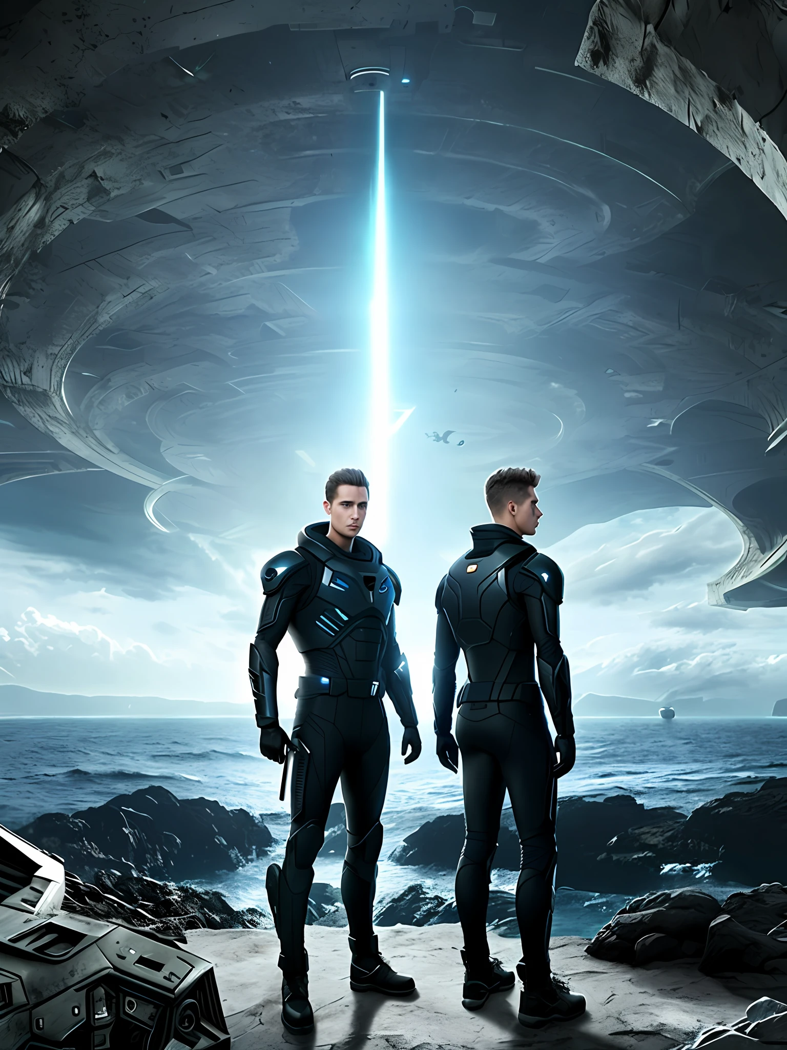 (Background location, depth, alien invasion) (Background location, depth, alien invasion) (Background location, depth, alien invasion) Man 25 years . futuristic clothing, with a futuristic weapon on the coast, perfect body, hair CHILLED, Extreme quality quality, highly defined traits, 8k quality