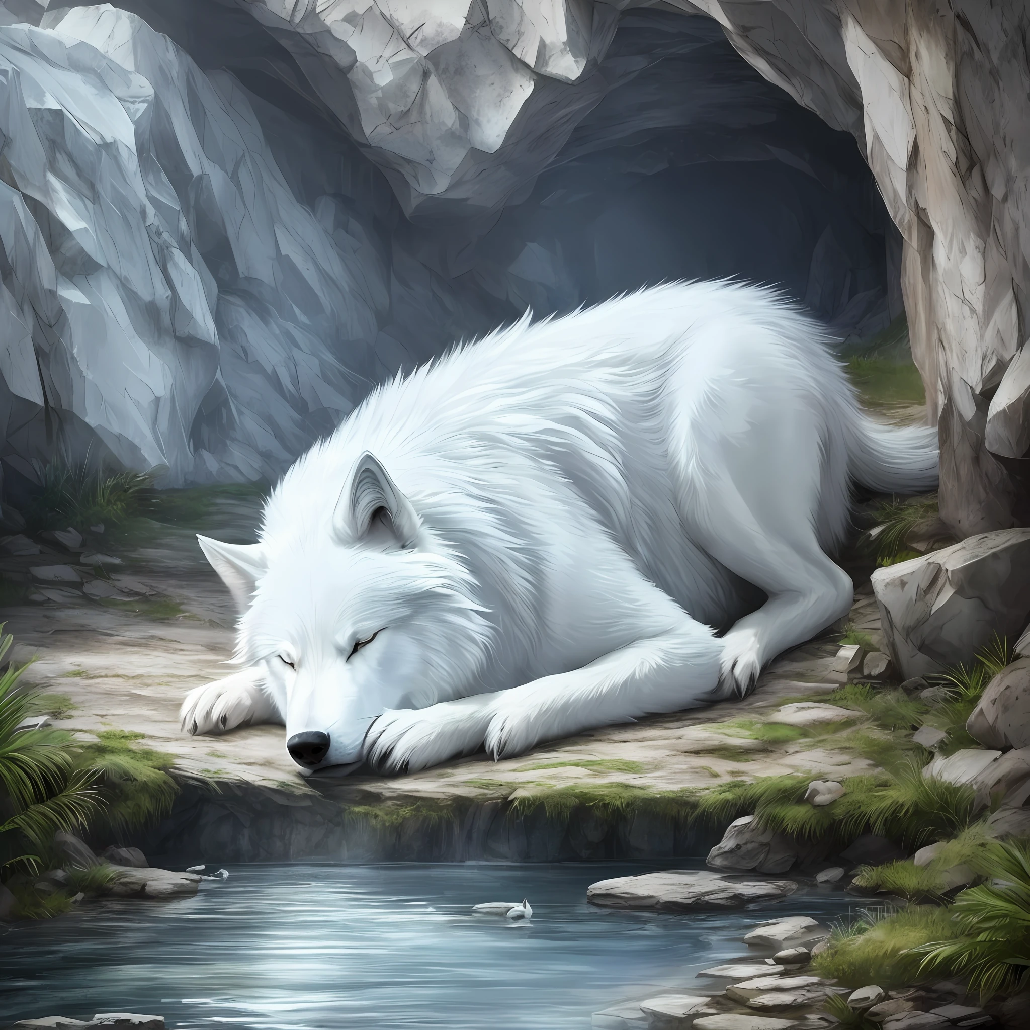 Gigantic white wolf sleeping alone in a cave in the mountains, best quality, Full HD, realistic