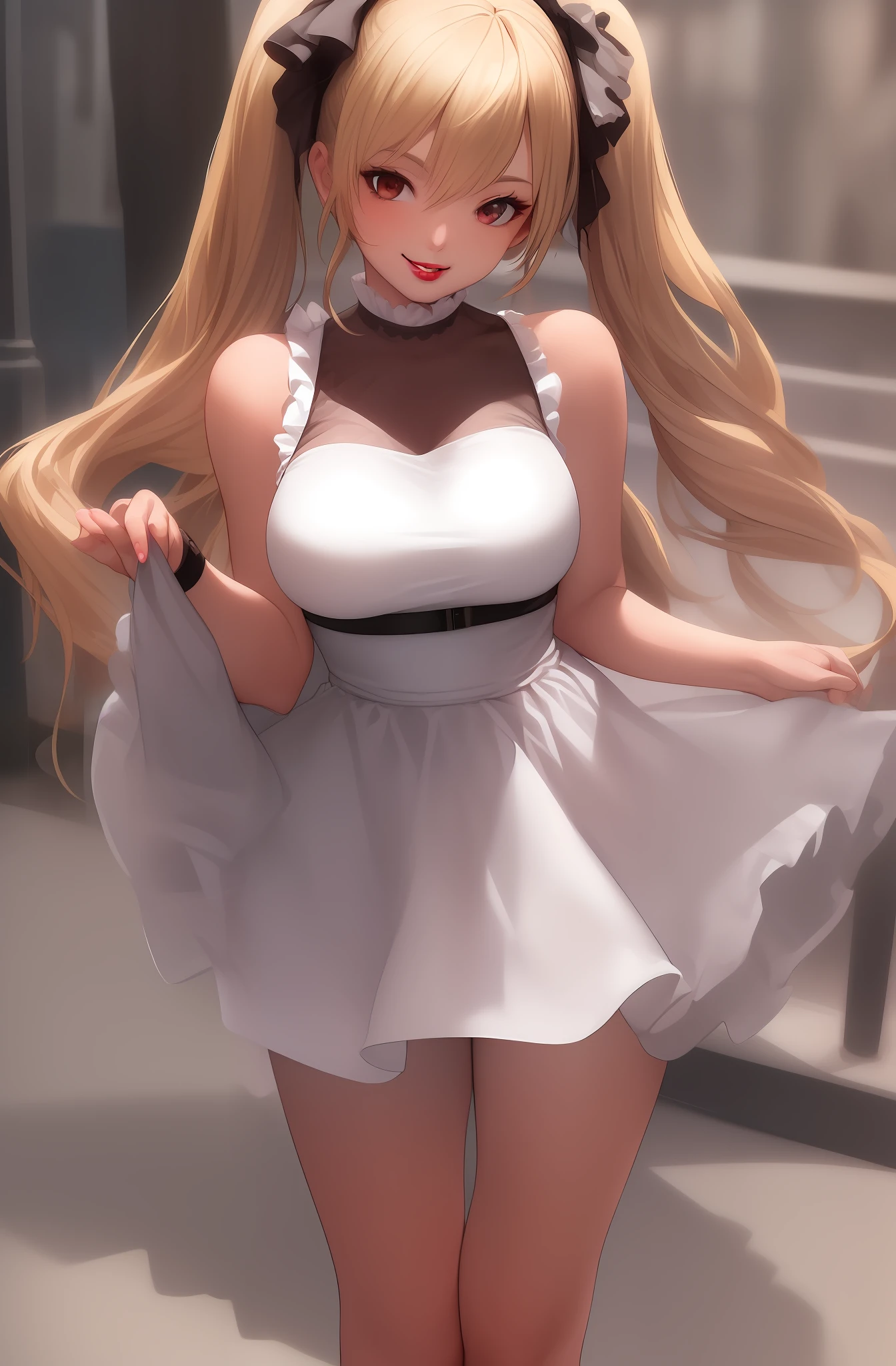 (Masterpiece)), (Best Quality), (Details), Professional Camera Images, 1 Girl,
Watch the viewer (flirtatious smile: 0.8), (lipstick: 0.6), open legs,
medium blond hair, twin tails, large breasts,
sleeveless dress with complex frills,
Outdoors, New York, skirt caught and rolled up,