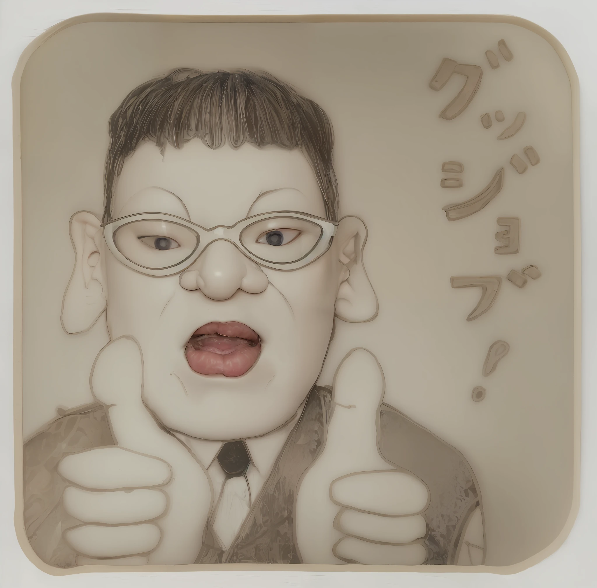 smile, mouth closed, balanced eyes, big eyes,
(Top Quality Detail: 1.2), Realistic, 8K High Definition, Ultra Detail, High Quality Textures, Intricate Detail, Highly Detailed CG, Uncle in White Plastic Glasses, Thumb Up, Photorealistic