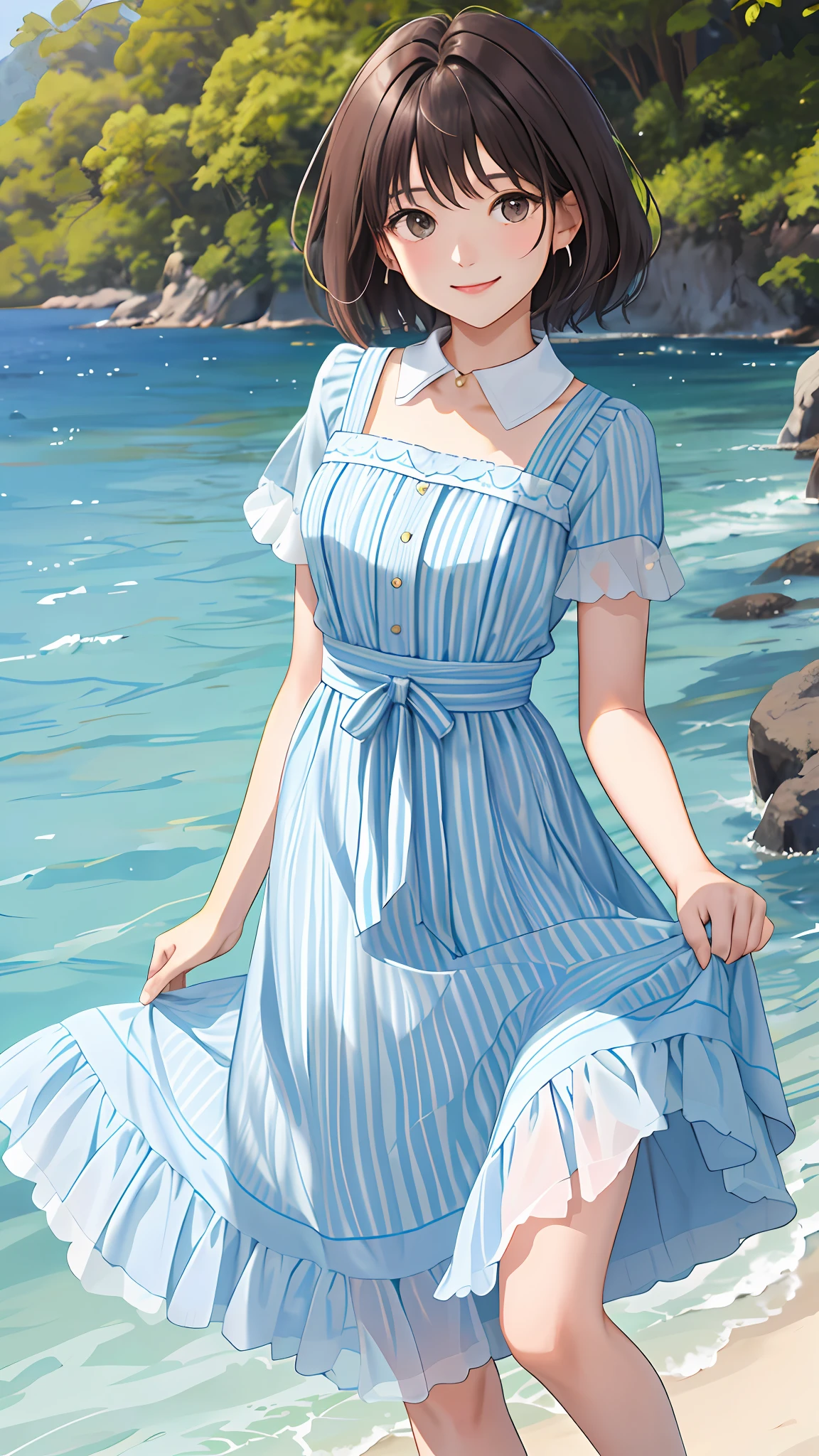 Beautiful girl who looks exactly like STU48's Kai Kokoai, Kai Kokoai, looks exactly like Kai Kokoai, smile, STU48's favorite person, STU48's 3rd single "I love you" costume, STU48's single favorite person costume, Very short hair, more short hair, short short hair, short short hair, dark brown hair, 1 girl, 18 years old, photo, realistic, top quality, detailed face, strong sunlight, sea, embankment, detailed background, diffused sunlight, depth of field, bokeh (top quality: 1.2), (masterpiece: 1.2), looking at the viewer, knee-length long dress with a white short-sleeved collar, with collar, long dress, best smile, more thin light blue stripes,
