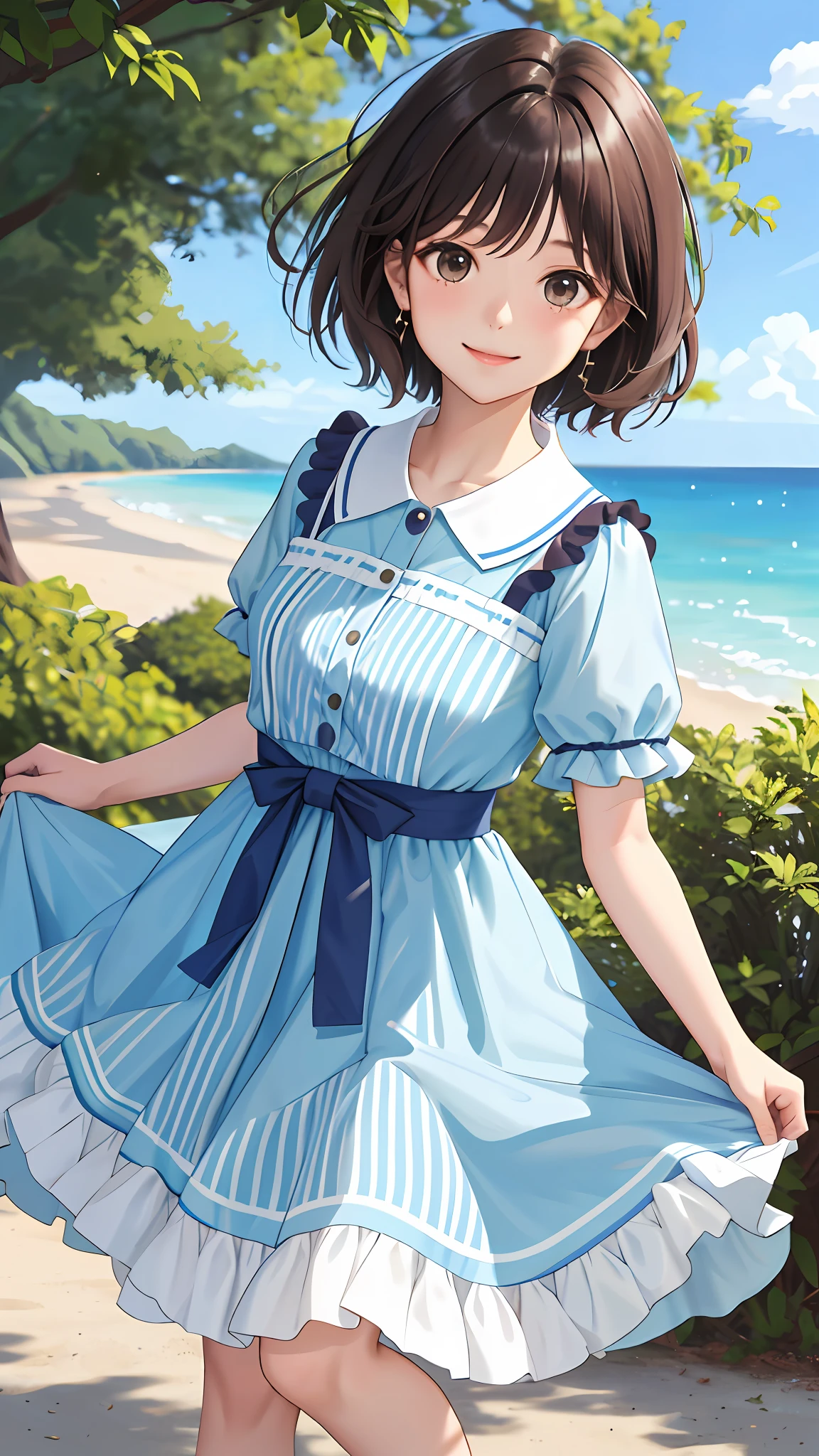 Beautiful girl who looks exactly like STU48's Kai Kokoai, Kai Kokoai, looks exactly like Kai Kokoai, smile, STU48's favorite person, STU48's 3rd single "I love you" costume, STU48's single favorite person costume, Very short hair, more short hair, short short hair, short short hair, dark brown hair, 1 girl, 18 years old, photo, realistic, top quality, detailed face, strong sunlight, sea, embankment, detailed background, diffused sunlight, depth of field, bokeh (top quality: 1.2), (masterpiece: 1.2), looking at the viewer, knee-length long dress with a white short-sleeved collar, with collar, long dress, best smile, more thin light blue es,