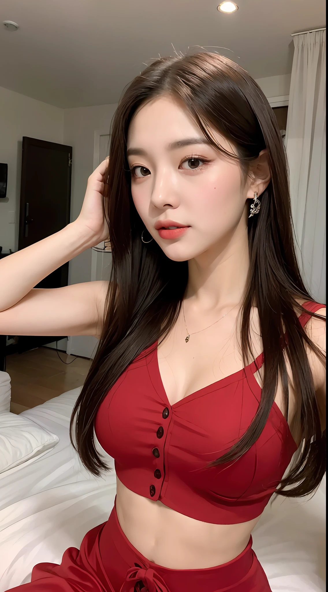 (Best Quality, 8K, 32K, Masterpiece, Ultra HD: 1.3), (K-Pop Idol: 1.3), 1 Girl, ((Big: 1.4)), (Hyphened), Abs: 1.3, Perfect Figure, Super Slender Face, Delicate Lips, Beautiful Eyes Double Eyelids Pajama Bed (Sultry) ((Excited: 1.5)), Woman Dressed in Red
