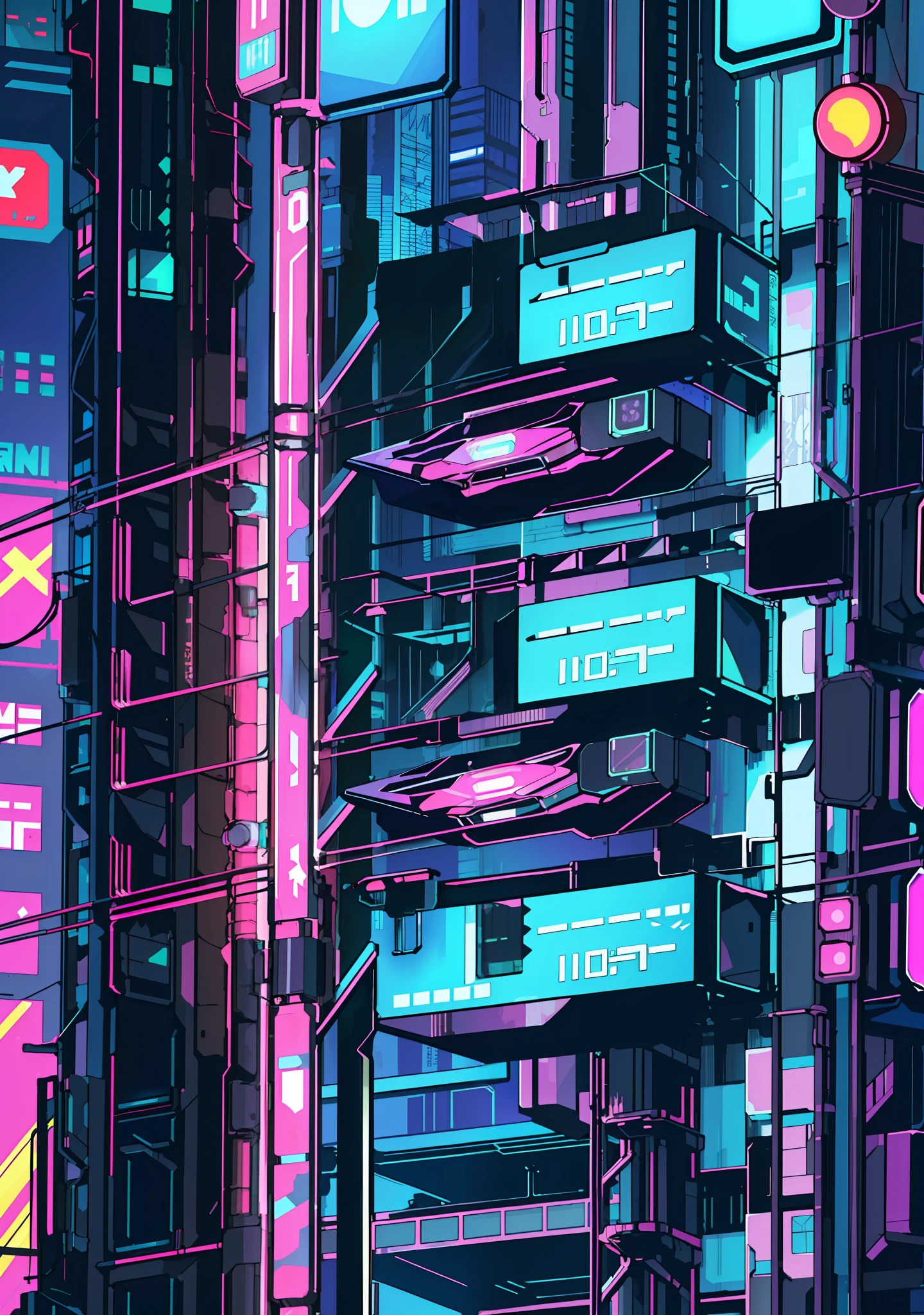 ((close-up, intricate details, (Cyberpunk: 1.4), (Shiny Neon Armor: 1.2), Machine, Drone, Auto)), neon city background, mechanical city