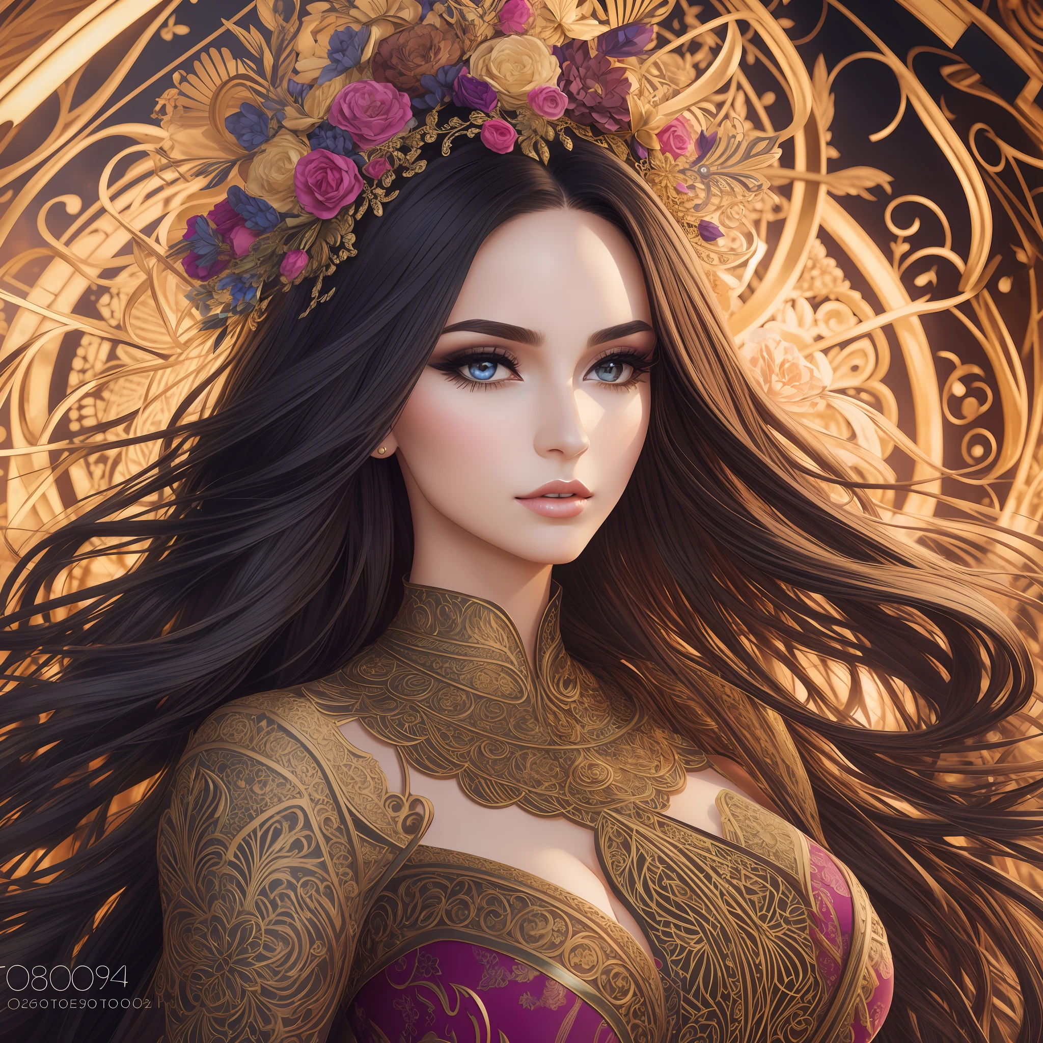Photograph of a woman. Long and voluminous hair, sharp eyes, a thin and upturned nose, shapely lips, and an hourglass body shape, wearing a dress, makeup, and using a harmonious background. Intricately maximalist-detailed, vibrant, epic, smooth, cinematic, 4K, backlit, and with a deep depth of field.
