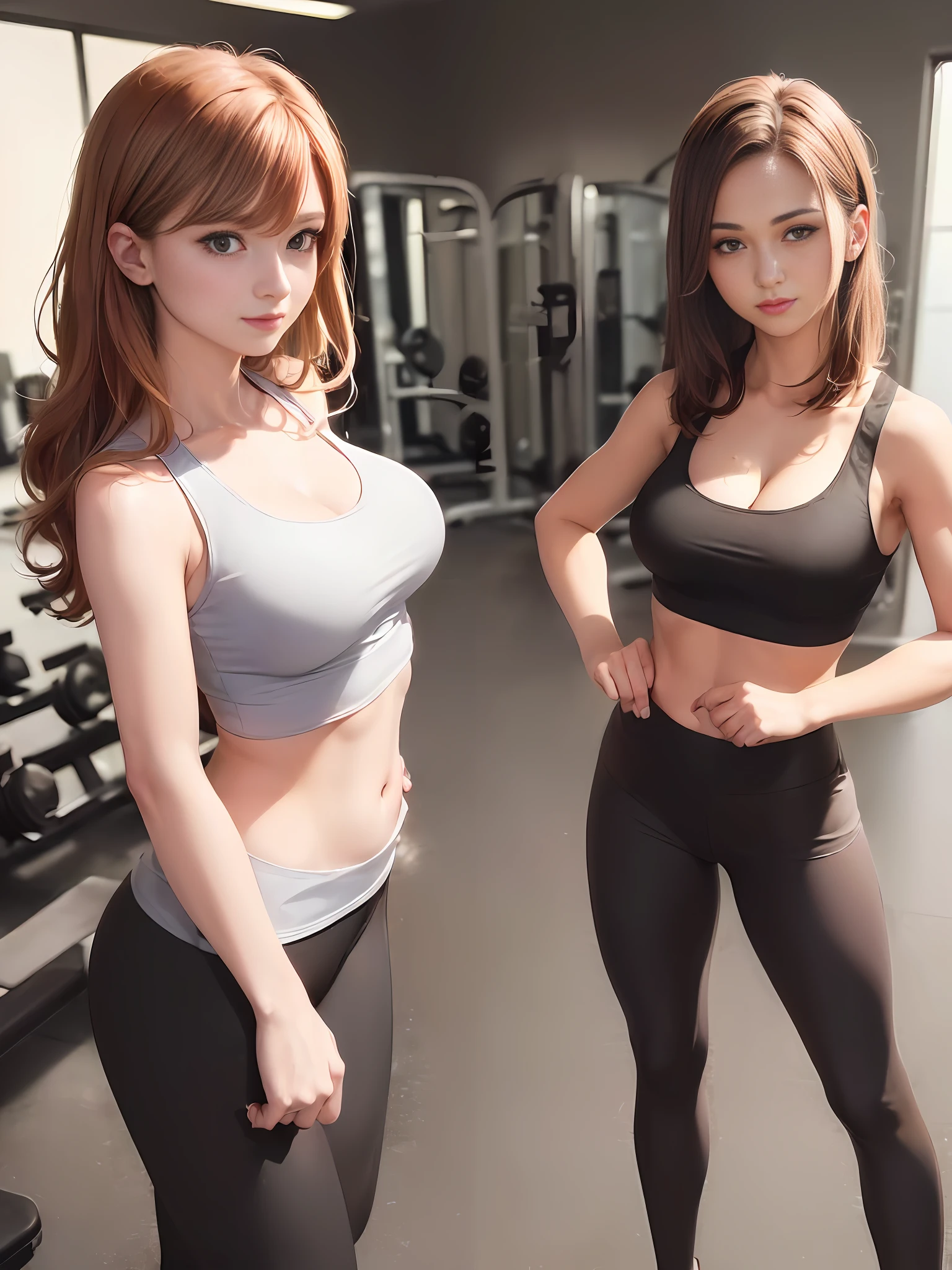 (((Big breasts: 1.4))), (Beauty, small head)), smile, (Chiseled abs: 1.1), (Perfect body: 1.1), (Short wavy hair: 1.2), Reddish brown hair, collar, chain, full body shot, ((((Tank top, leggings)), Training gym, Fitness gym, Gym, fitness, workout, small amount of sweat, (Very detailed CG 8k wallpaper), ( Very delicate and beautiful), (masterpiece), (Best Quality: 1.0), (Ultra High Definition: 1.0), Beautiful lighting, perfect lightning, realistic shadows, [High Definition], Detailed skin, Ultra detailed