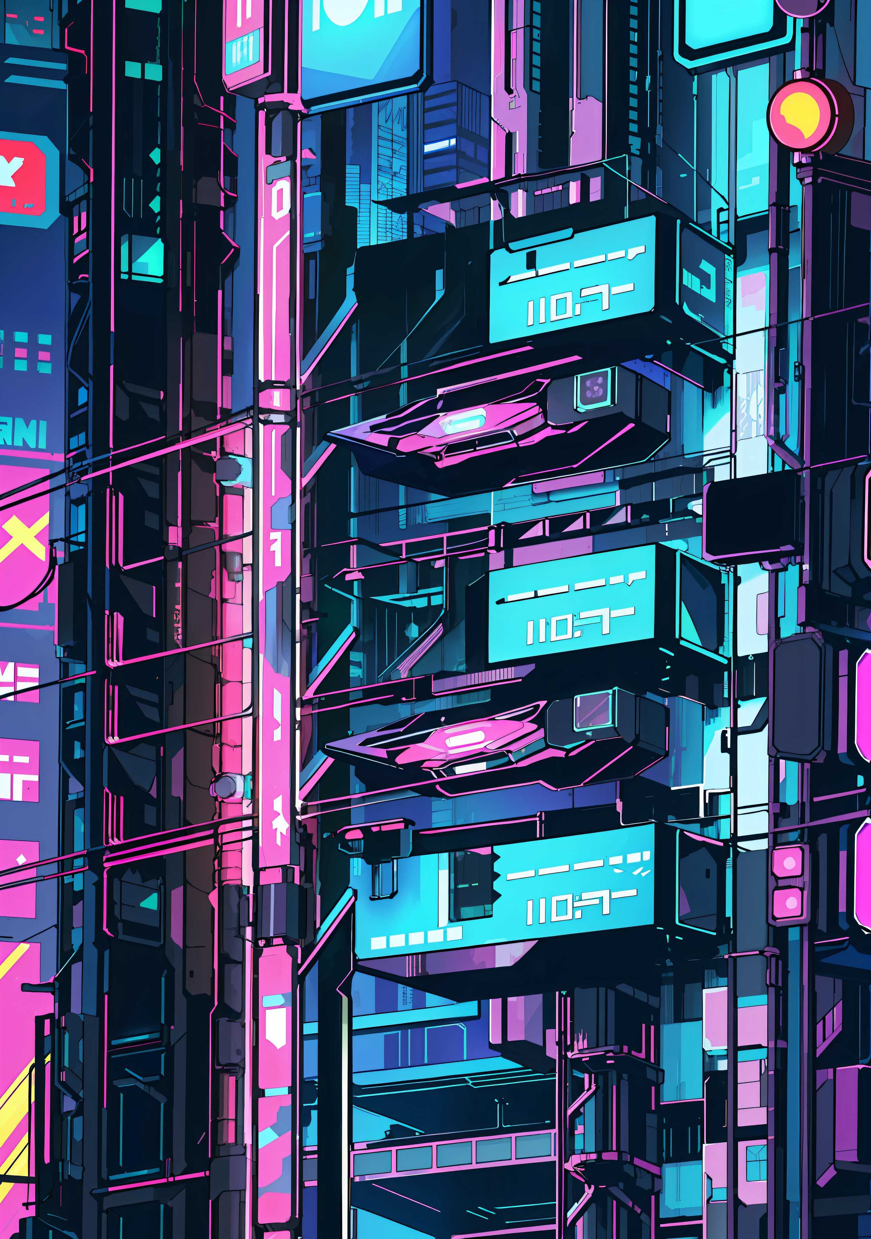 ((close-up, intricate details, (Cyberpunk: 1.4), (Shiny Neon Armor: 1.2), Machine, Drone, Auto)), neon city background, mechanical city