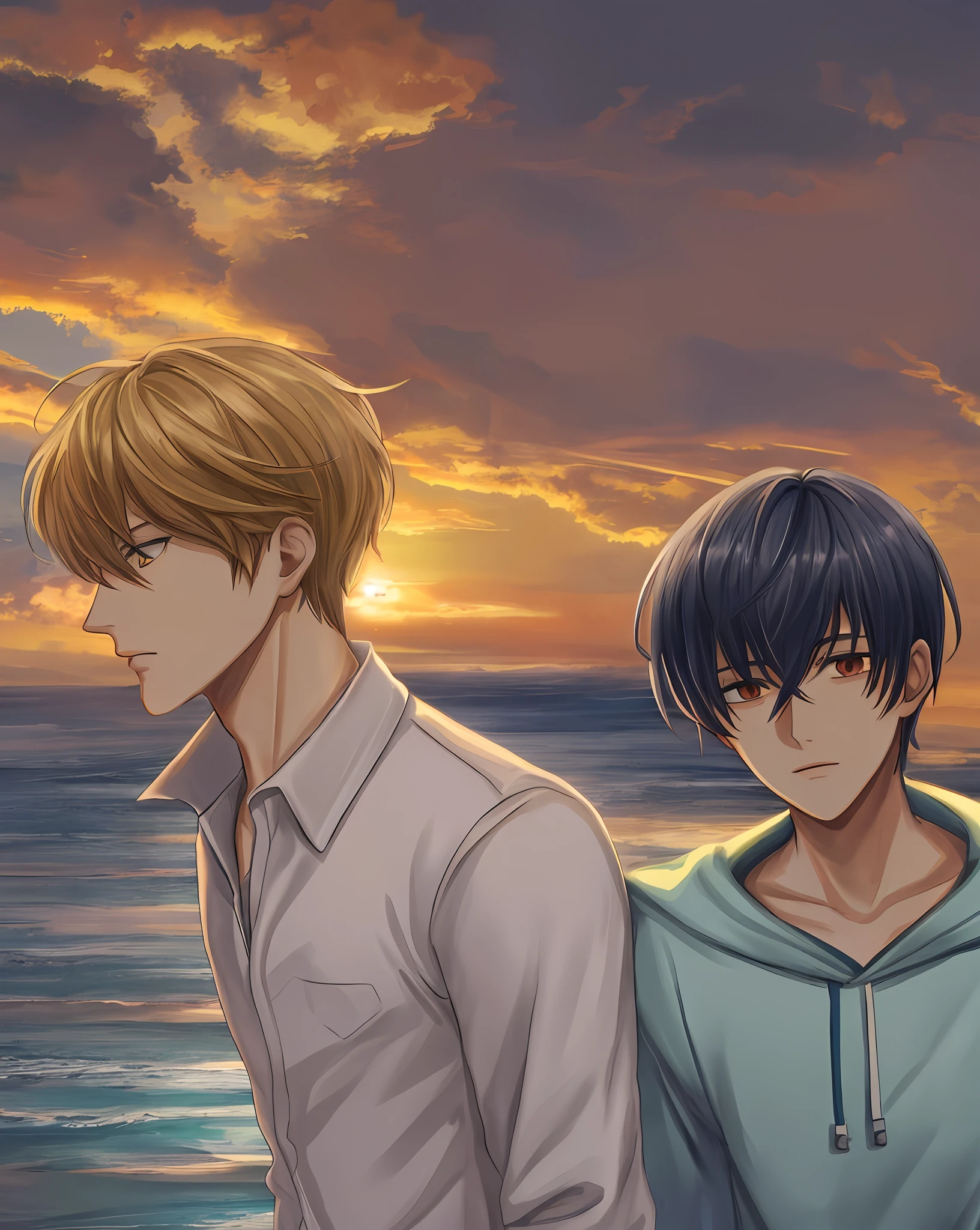 Two anime handsome men standing in front of the sea where the sunset falls. One is looking to the side. One is standing in the front, facing forward. The background is a blue sea, and the sky is a gradation of blue and peach. Pink clouds float in the sky, and stars twinkle. 4. K manga wallpapers, high quality fan art, shoujo romance.