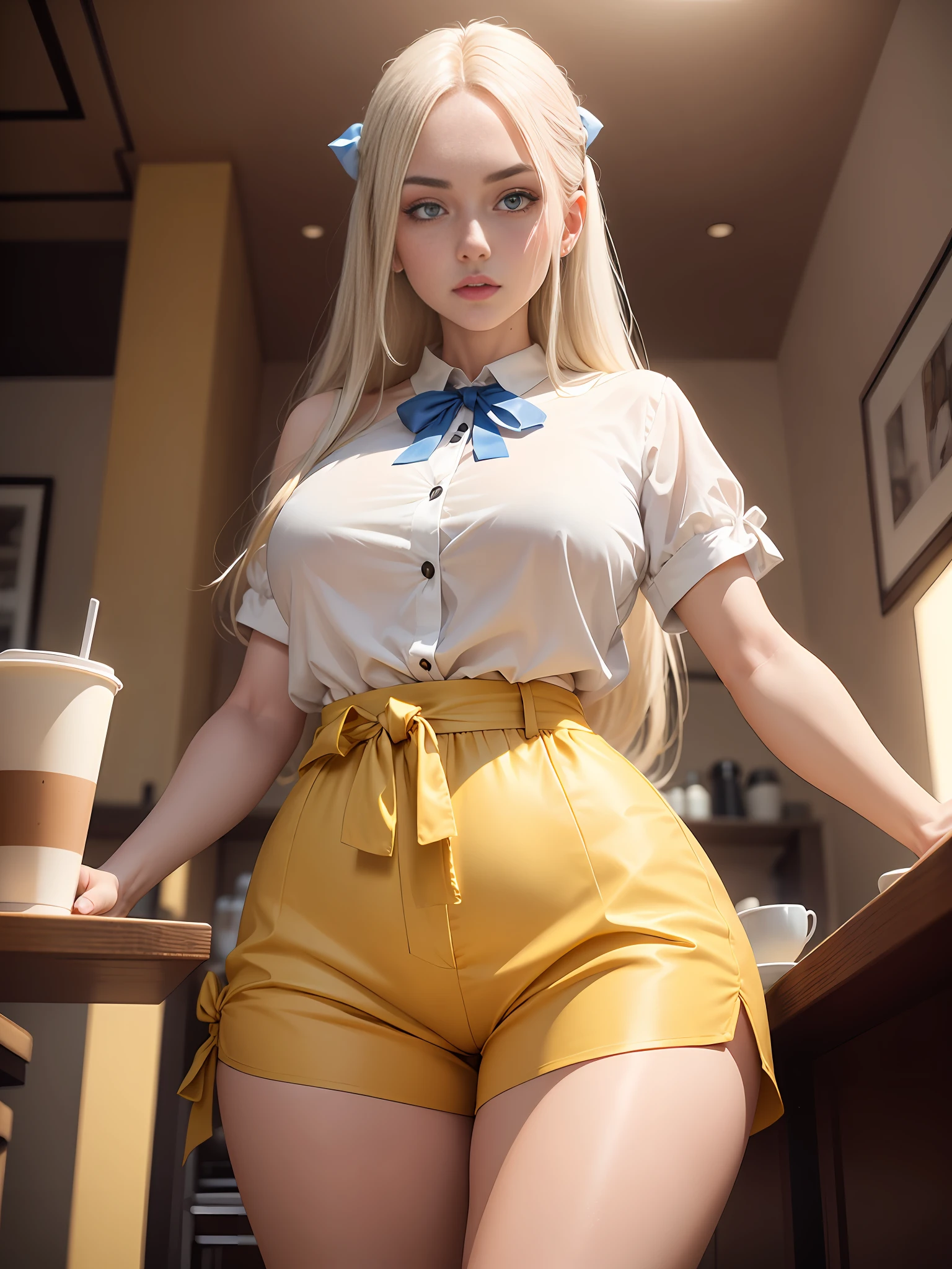 1girl, white skin, mature, yellow really long hair, thick eyebrows, blue colored eyes, mole below eye, thirsty, blue cropped blouse with ribbon, white silk shorts with side slits, well built, small waist, widest thighs, wide thigh gap, one hip forward, standing, in coffee shop, shot from below, 8k, photorealistic