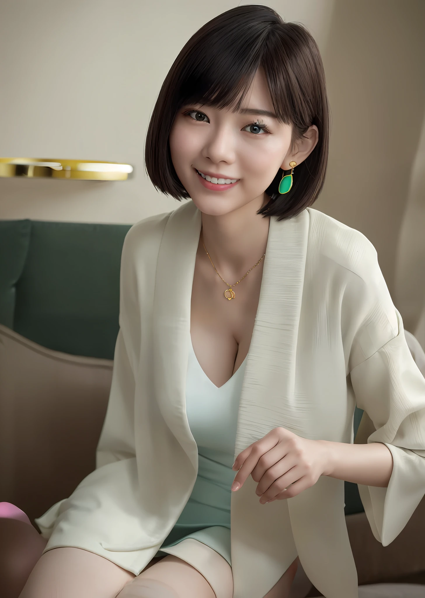 Smiling Minchen, absurdity, mouth closed, balanced eyes, (top quality detail: 1.2), realistic, 8K high resolution, ultra detail, high quality texture, intricate detail, detailed texture, fine detail, high detail, (highly detailed CG: 1.38), high quality shadow, detailed beautiful delicate face, detailed beautiful delicate eye, depth of field, ray tracing, ( Beautiful 25 years old cute Japan woman: 1), small breasts, tall_female, beautiful_legs, glowing eyes, blush, perfect petite body, skinny, blurred outdoor background, green ring, yellow classy shawl, open coat: 1.1, [brown_skirt]: 1, stockings and garter belt: 1.2, bob cut hair, cozy living room, daylight, kneeling on sofa, earrings, necklace, model, looking at viewer, dynamic pose, earrings, necklace, model, looking at viewer, from the side, dynamic pose, facing forward, wink, smiling