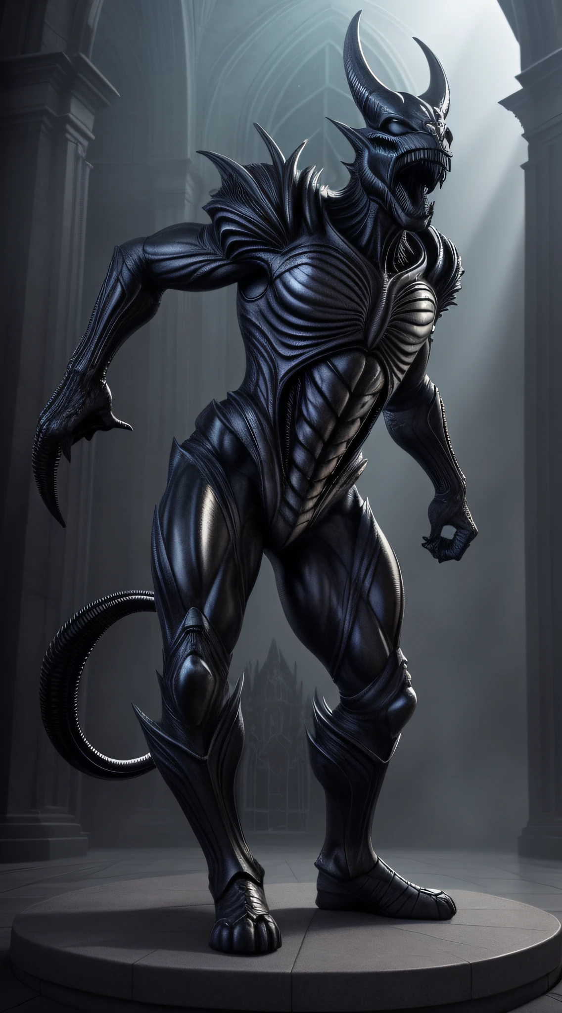 Gargoyle, Gothic, nightmare, full body, attack pose, H. R. Giger, xenomorph, high detail, gothic art, hyperrealism, rays gods, ray tracing, backlighting, film grain, UHD, masterpiece, anatomically correct, textured skin, super detail, high details, 8k, best quality, award-winning, strong legs, attack position.