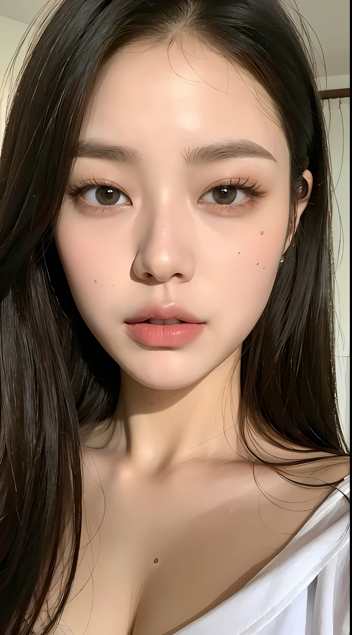 ((Best Quality, 8K, Masterpiece: 1.3)), Sharp: 1.2, Perfect Body Beauty: 1.4, Slim Abs: 1.2, ((Layered Hairstyle, Big Breasts: 1.2)), (Wet White Unbutton Long Shirt: 1.1), (bedroom: 1.2), Wet: 1.5, Highly detailed face and skin texture, detailed eyes, double eyelids, side face looking at the camera