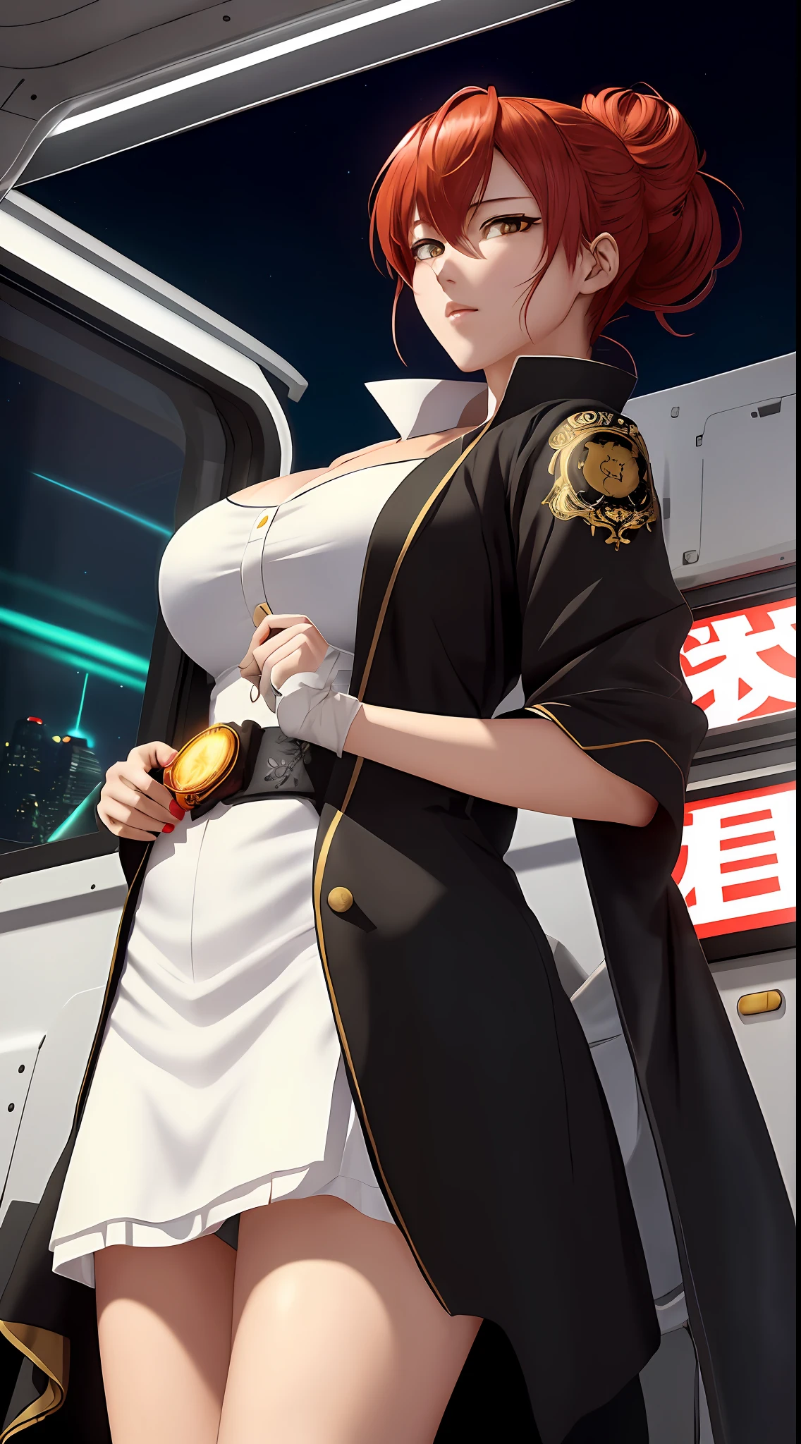 (Masterpiece, 8k resolution, ultra-realistic, very detailed), Murata Himek' is a young woman with a fair complexiont ,at night, standing in an Astral express wagon looking out over the city below. The Astral express train is suspended in the air by bright tracks, with the night sky and bright neon lights below them. ((Himeko is lit from below with his eyes cast in the shadow to emphasize his stoic behavior)) (Red hair done in a slightly messy, wavy updo with separate bangs) She also has amber eyes and fair skin.27 years old,big breasts,hot,she wears a white toga gown with red along the inside. The gown is embedded with golden laurels on her waist, a collar with a golden rose and a black short skirt with dangling black flowers as an ornament. She also wears a black coat with gold lining, a lace on her left arm and a glove on her right arm.