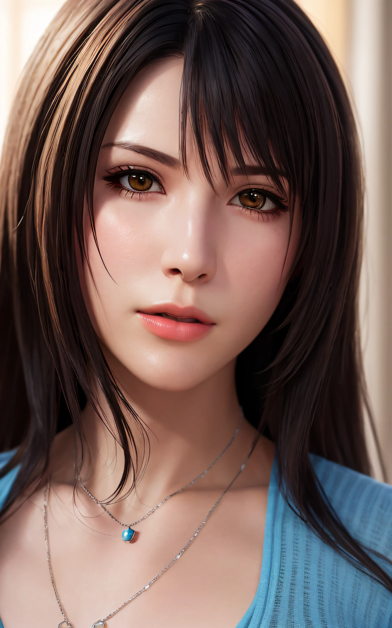 rinoa, blue duster, blue wristbands, holding necklace, portrait body, unparalleled masterpiece, ultra realistic 8k CG, perfect artwork, clean, beautiful face, pure face, pale skin, intricate detail, prestige, gorgeous, luxury, fancy ballroom