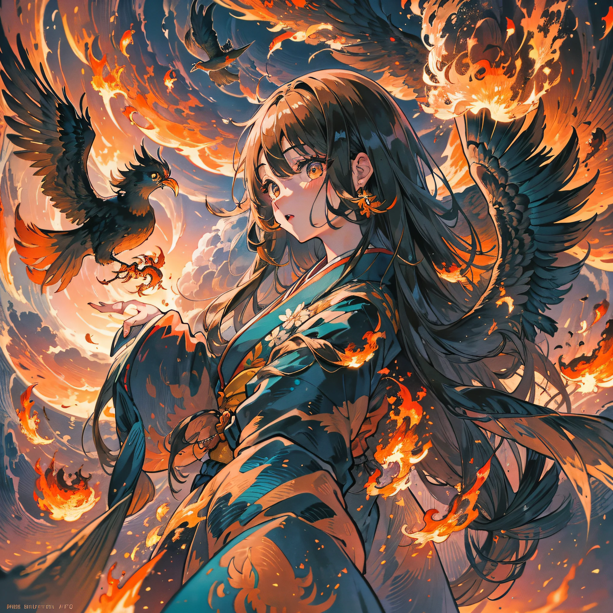 Masterpiece, best quality, {best quality}, {{masterpiece}}, {highres}, drawing, 2d digital drawing, anime, 1girl, anime girl, adult, exotic, long hair, colored hair, colors, colorful, orange sky, bird, bird, bird, phoenix, phoenix, japanese clothing, kimono, ornithologist, fire, fire --auto --s2