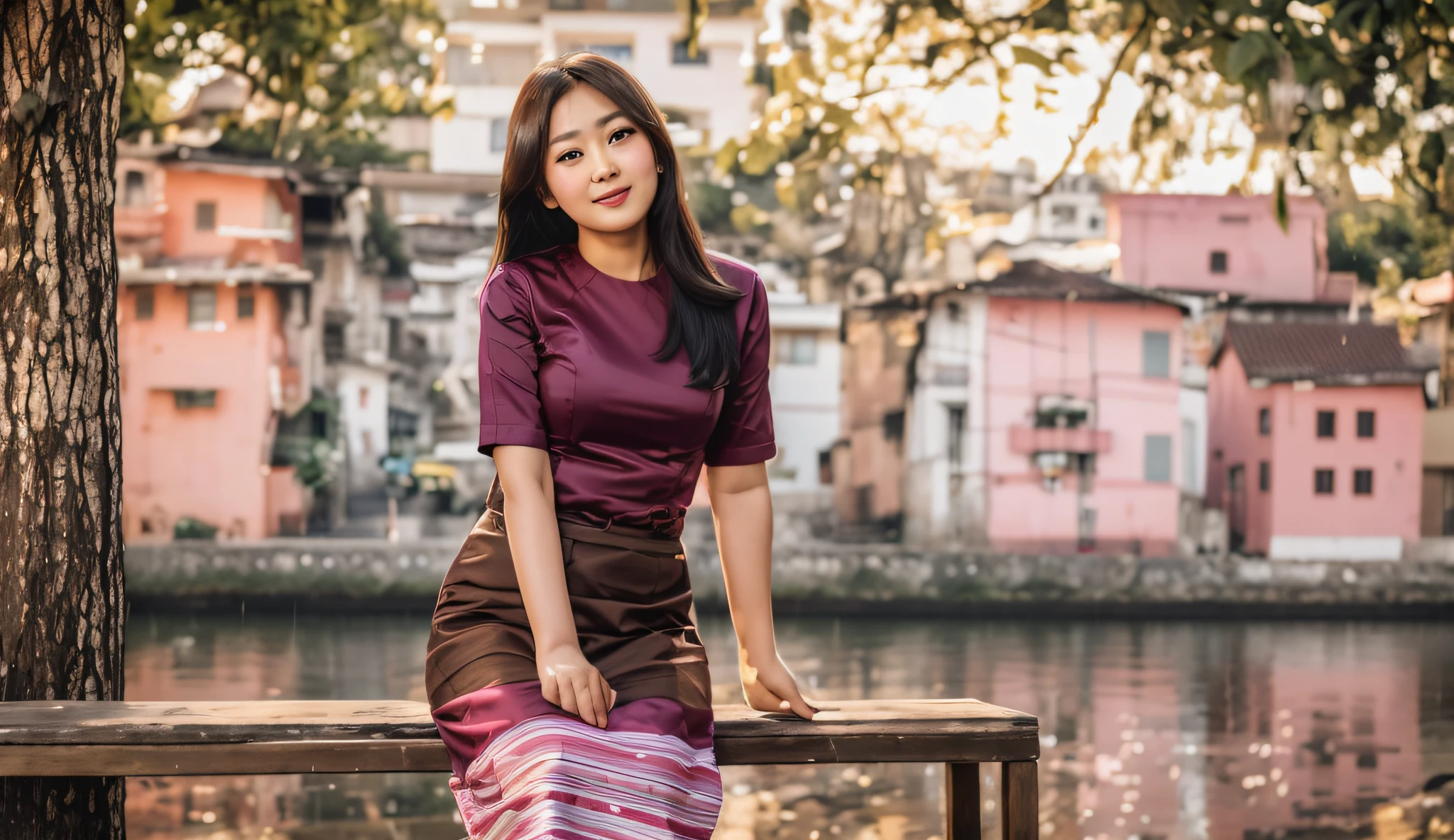 there is a traditional Burma Myanmar woman with a pink dress sitting on a bench in a park, nivanh chanthara, in style of lam manh, a young asian woman, lovely woman, mai anh tran, asian girl, an asian woman, Myanmar woman, traditional beauty, traditional art, asian Myanmar woman, very high quality, young asian girl, a cute young woman, young asian woman, (8k, best quality, masterpiece:1.2), (realistic, photo-realistic:1.37), ultra-detailed, 1 girl, cute, solo, beautiful detailed sky, detailed cafe, night, dating, (nose blush), (smile:1.2), beautiful detailed eyes, business attire, rain, (8k, RAW photo:1.2),best quality, ultra high res,dramatic angle,(fluttered detailed color splashs), (illustration),(((1 girl))), ((Best quality, 8k, Masterpiece :1.3)), Sharp focus :1.2, A pretty woman with perfect figure :1.4, Slender abs :1.2, ((Dark brown hair, Big breasts :1.2)), (White button up long shirt :1.1), City street:1.2, Highly detailed face and skin texture, Detailed eyes, Double eyelid