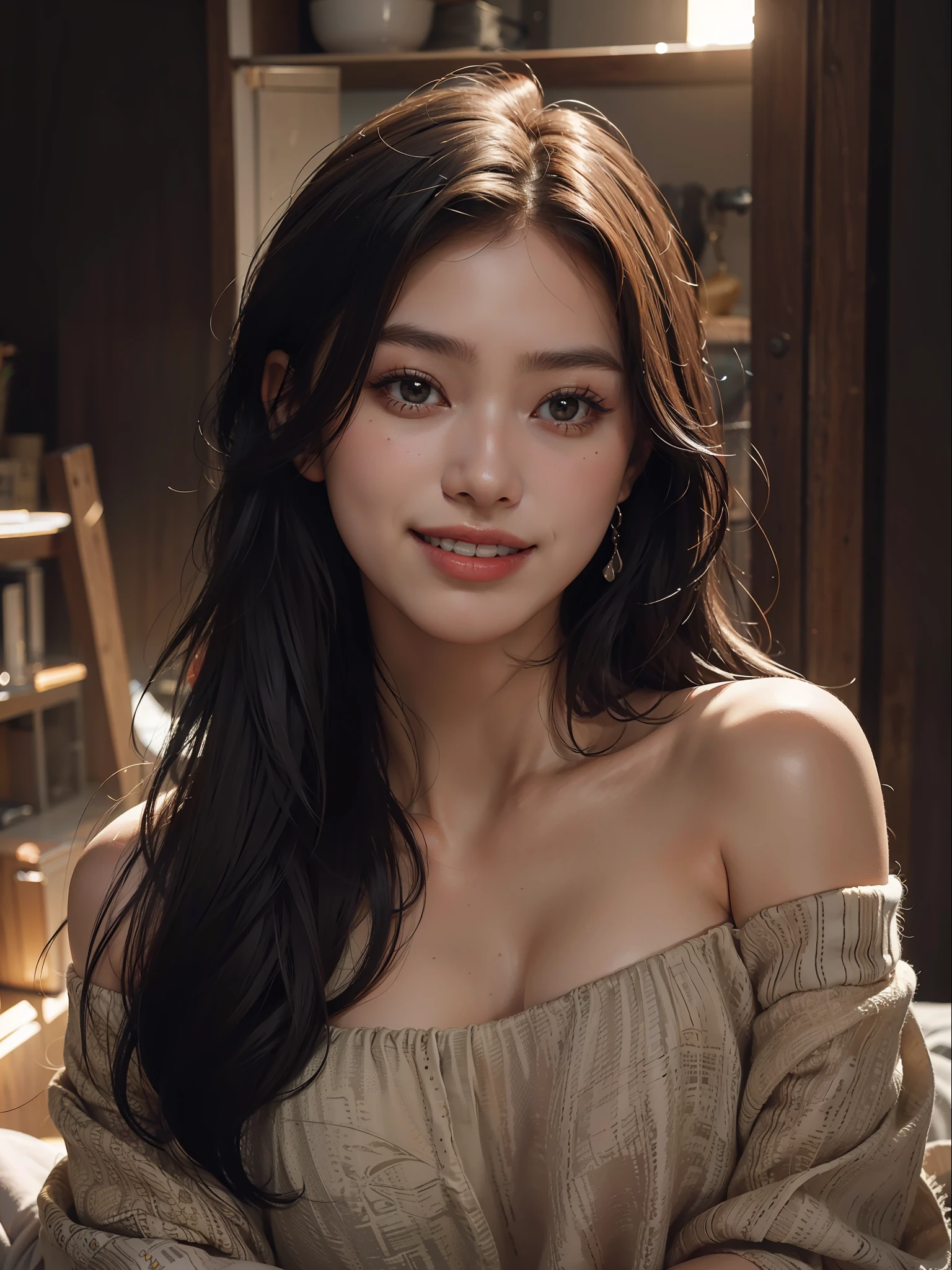 best quality, masterpiece, ultra high res, photorealistic, 1girl, offshoulder, smile