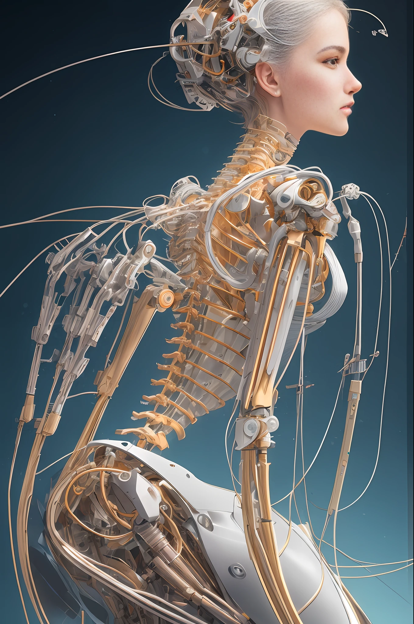 (((masterpiece))), ((best quality))), ((ultra-detailed)), (CG illustration), (an extremely delicate and beautiful)), (from side), cinematic light, ((1 mechanical girl)), (pretty face), single, (full body), ( Machine-made joints: 1.2), ((mechanical limbs)), (blood vessels connected to tubes), (mechanical spine connected to the back), ((mechanical cervical vertebrae attached to the neck)), (sitting), expressionless, (wires and cables around the neck: 1.2), (wires and cables on the head: 1.2) (character focus), sci-fi, extremely fine, colorful, thinnest