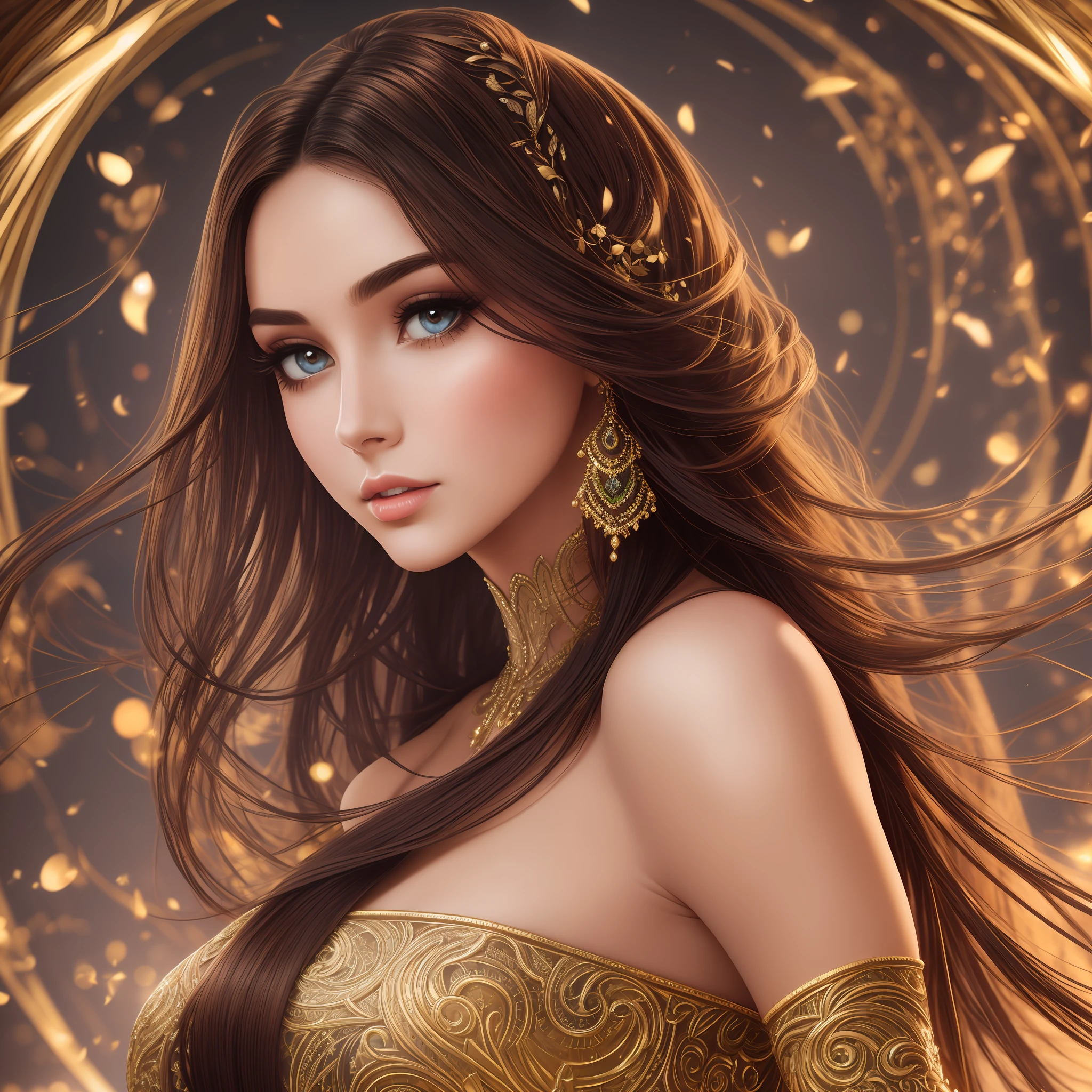 Generate a photograph of a woman. Long and voluminous hair, sharp eyes, a thin and upturned nose, shapely lips, and an hourglass body shape, wearing a gorgeous dress, basic makeup, and using a harmonious background. Intricately maximalist-detailed, vibrant, epic, smooth, cinematic, 4K, backlit, and with a deep depth of field.