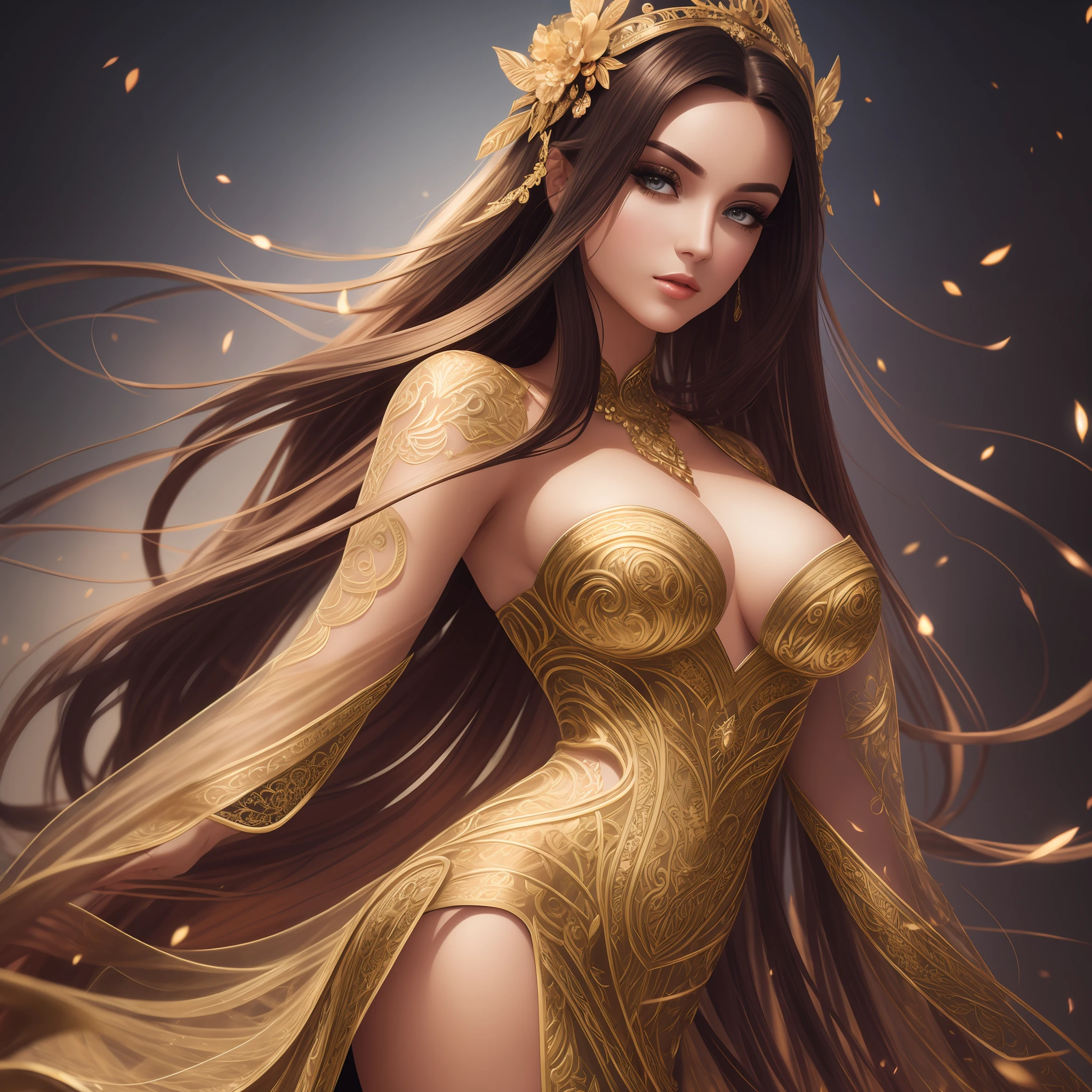 Generate a photograph of a woman. Long and voluminous hair, sharp eyes, a thin and upturned nose, shapely lips, and an hourglass body shape, wearing a gorgeous dress, basic makeup, and using a harmonious background. Intricately maximalist-detailed, vibrant, epic, smooth, cinematic, 4K, backlit, and with a deep depth of field.