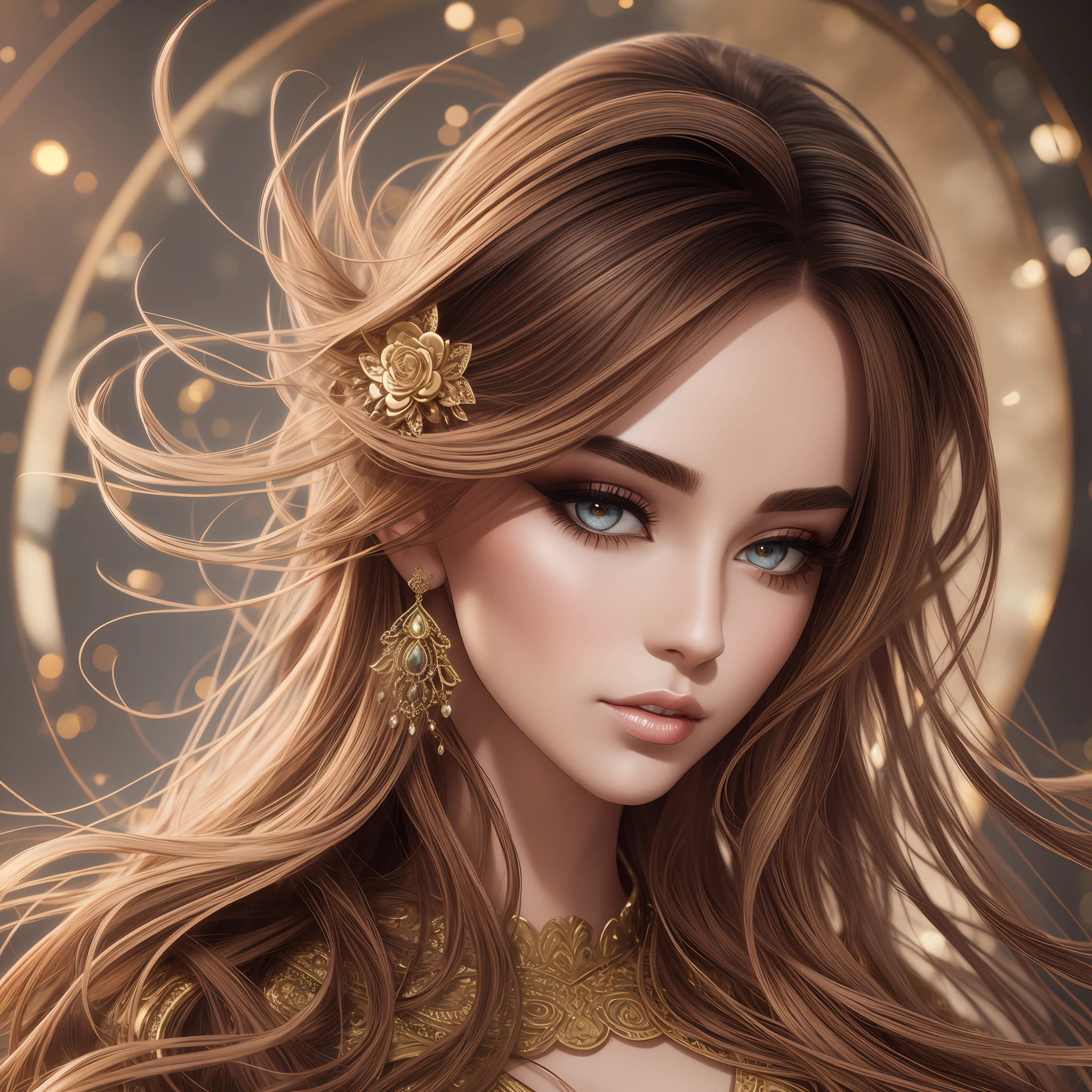 Generate a photograph of a woman. Long and voluminous hair, sharp eyes, a thin and upturned nose, shapely lips, and an hourglass body shape, wearing a gorgeous dress, basic makeup, and using a harmonious background. Intricately maximalist-detailed, vibrant, epic, smooth, cinematic, 4K, backlit, and with a deep depth of field.