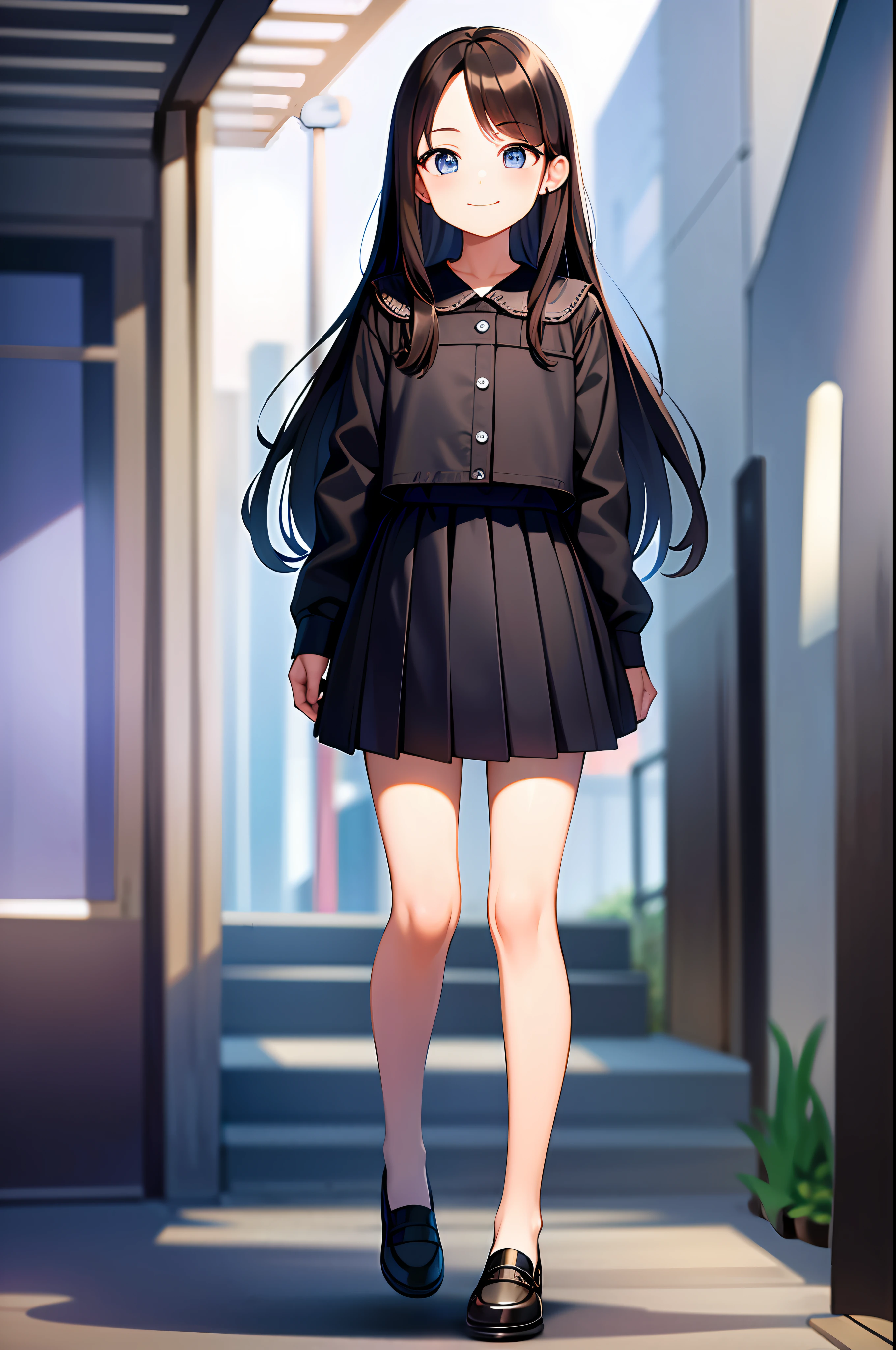 solo, herta, (Masterpiece:1.2, high quality), (pixiv:1.4), (1girl:1.2), (solo:1.2), medium_face, black medium to long hair, forehead open, blue + long_eyes, smile, Light_face, flat, casual outfit, black long skirt, standing, standing straight, (full body), (blurry background), outdoor