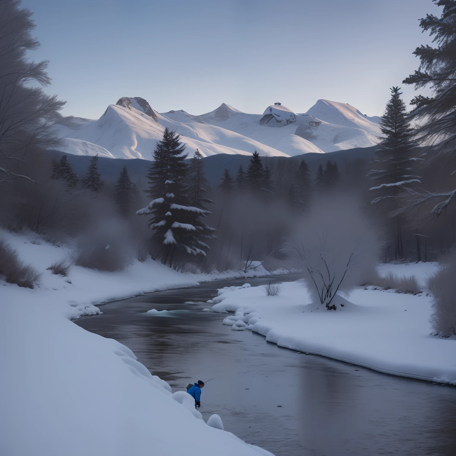 Fishing alone in the cold river snow