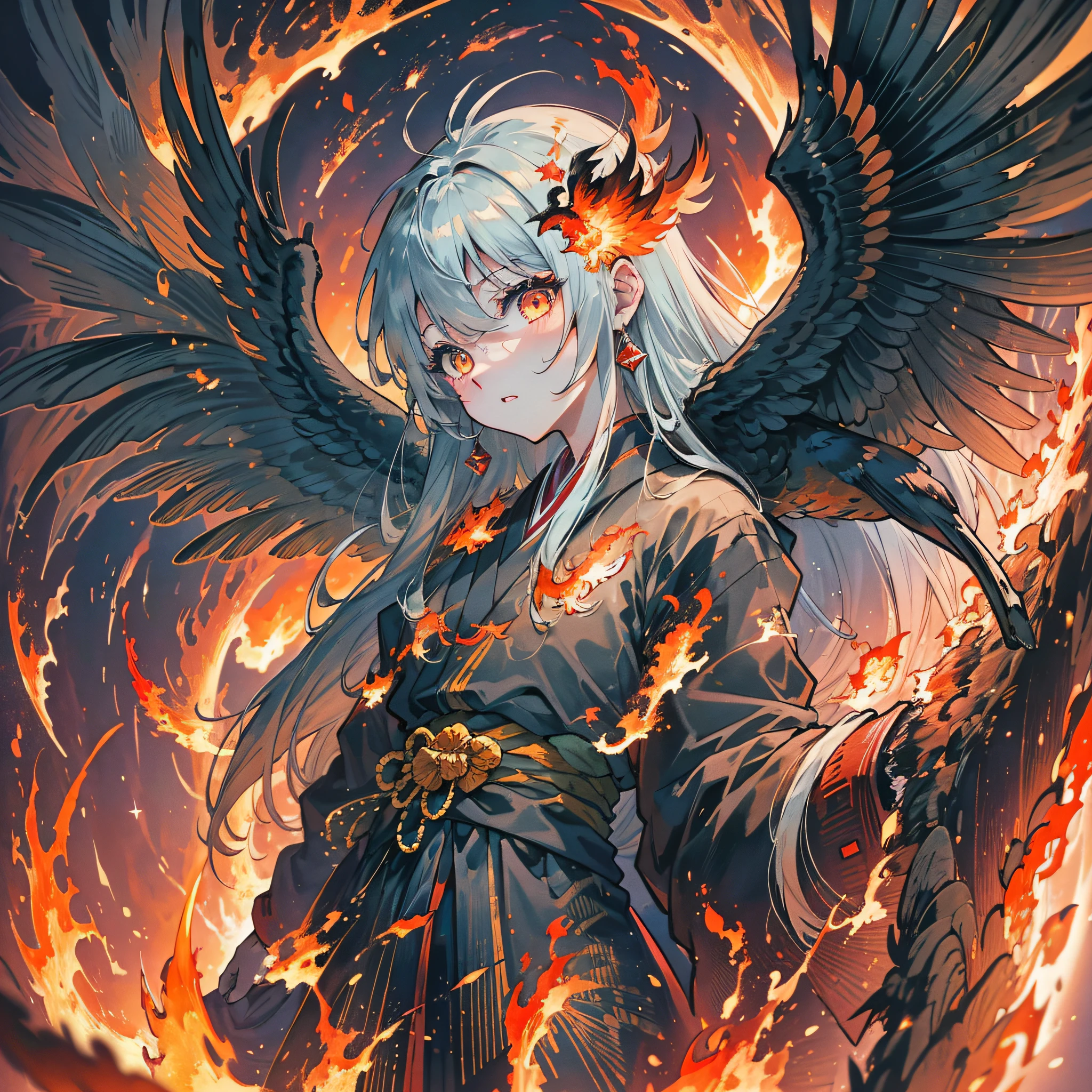 Masterpiece, best quality, {best quality}, {{masterpiece}}, {highres}, drawing, 2d digital drawing, anime, 1girl, anime girl, adult, exotic, long hair, colored hair, colors, colorful, orange sky, bird, bird, bird, phoenix, phoenix, japanese clothing, kimono, ornithologist, fire, fire, tengu, flames wings --auto --s2