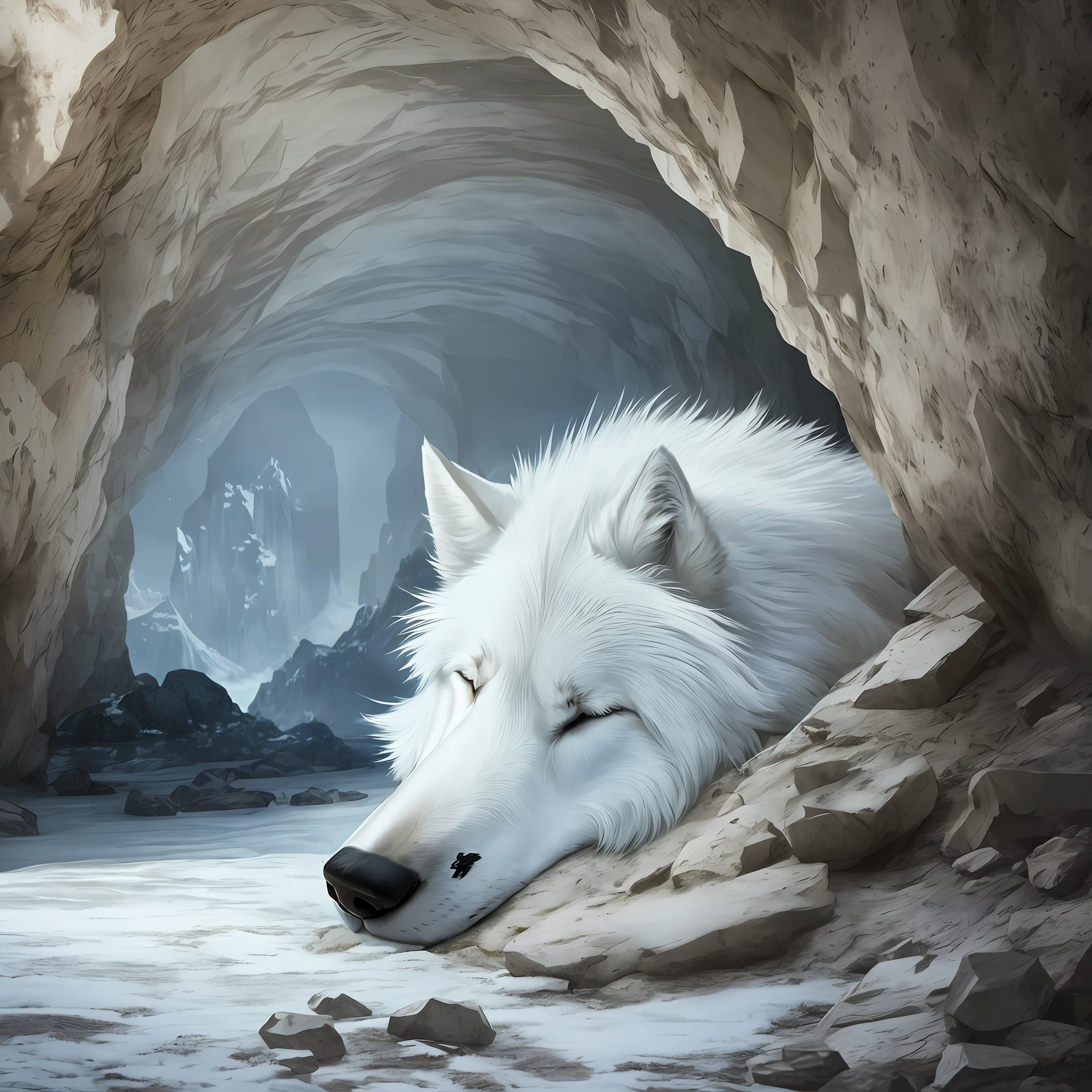Gigantic white wolf sleeping alone in a cave in the mountains, best quality, Full HD, realistic