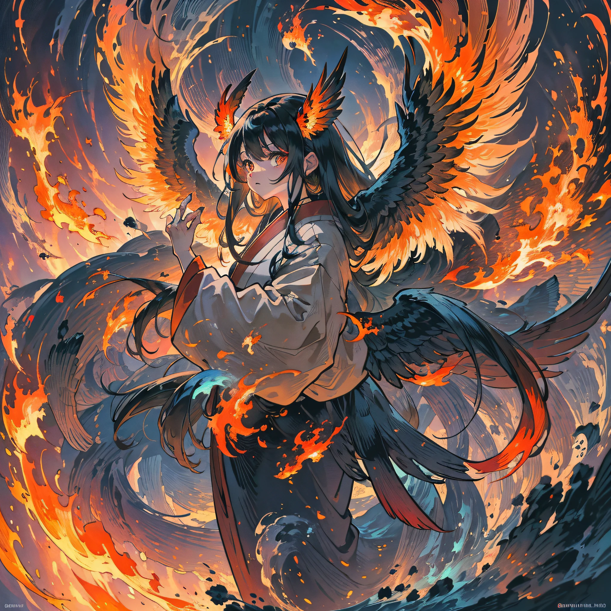 masterpiece, best quality, {best quality}, {{masterpiece}}, {highres}, drawing, 2d digital drawing, anime, 1girl, anime girl, adult, exotic, long hair, colored hair, colors, colorful, orange sky, bird, bird, bird, phoenix, firebird, japanese clothing, kimono, ornithologist, fire, fire, tengu, flames wings --auto --s2