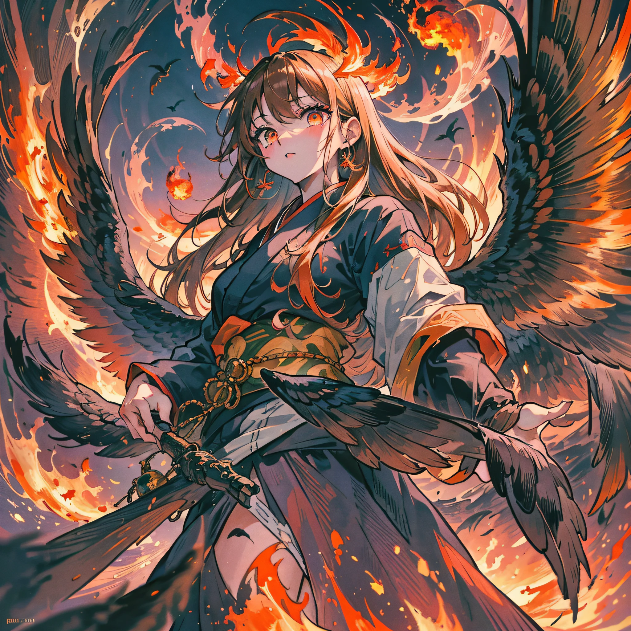 masterpiece, best quality, {best quality}, {{masterpiece}}, {highres}, drawing, 2d digital drawing, anime, 1girl, anime girl, adult, exotic, long hair, colored hair, colors, colorful, orange sky, bird, bird, bird, phoenix, firebird, japanese clothing, kimono, ornithologist, fire, fire, tengu, flames wings --auto --s2