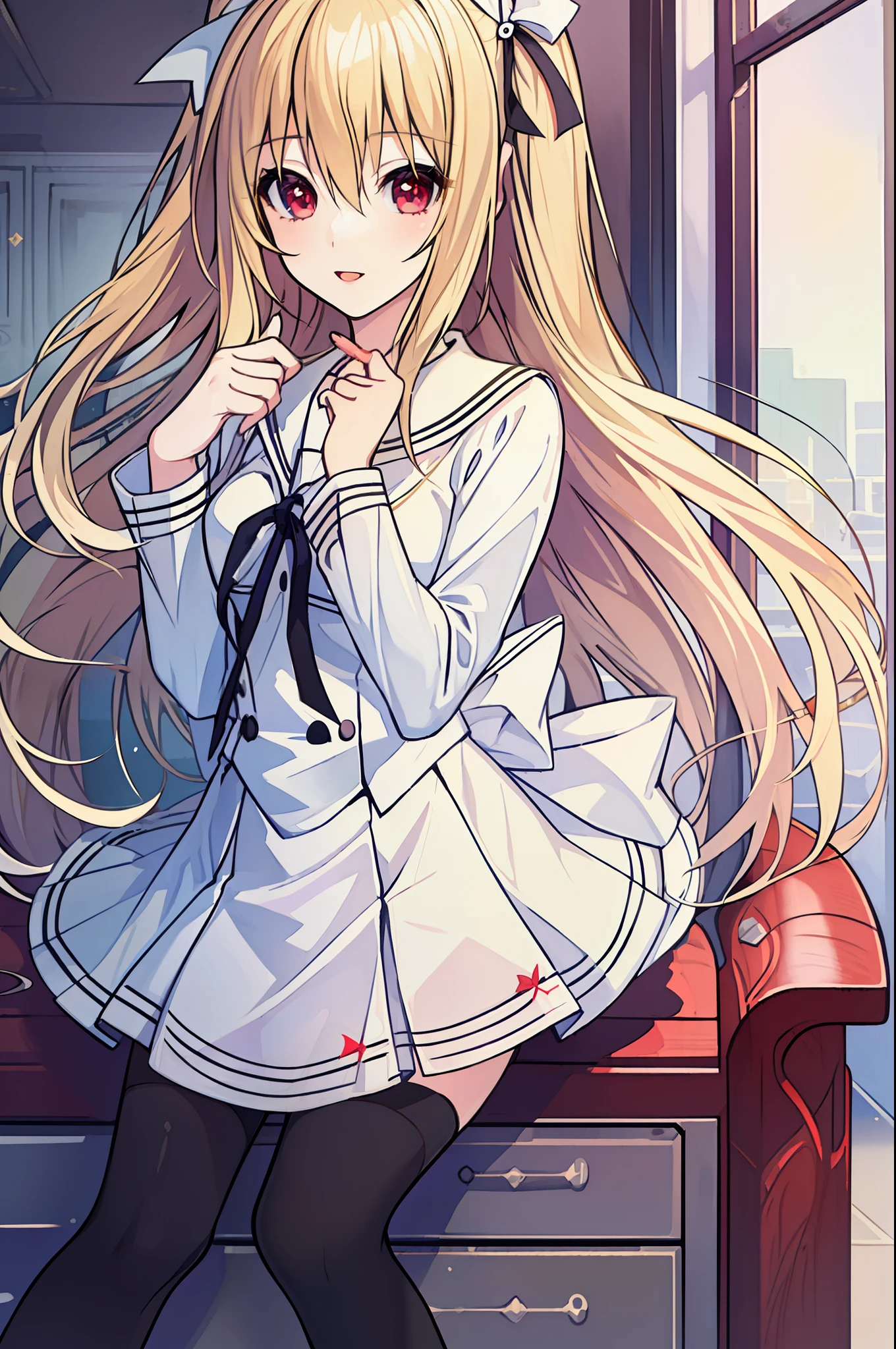 18 year old beautiful girl, ((((Masterpiece)))), ((highest quality)))), (((very detailed))), detailed fingers, illustration, 1 girl, solo, blonde right side pony, blonde long hair, white ribbon on right hair, white school uniform, red eyes, white mini skirt, white knee socks, black shoes, dynamic pose, MAYURI