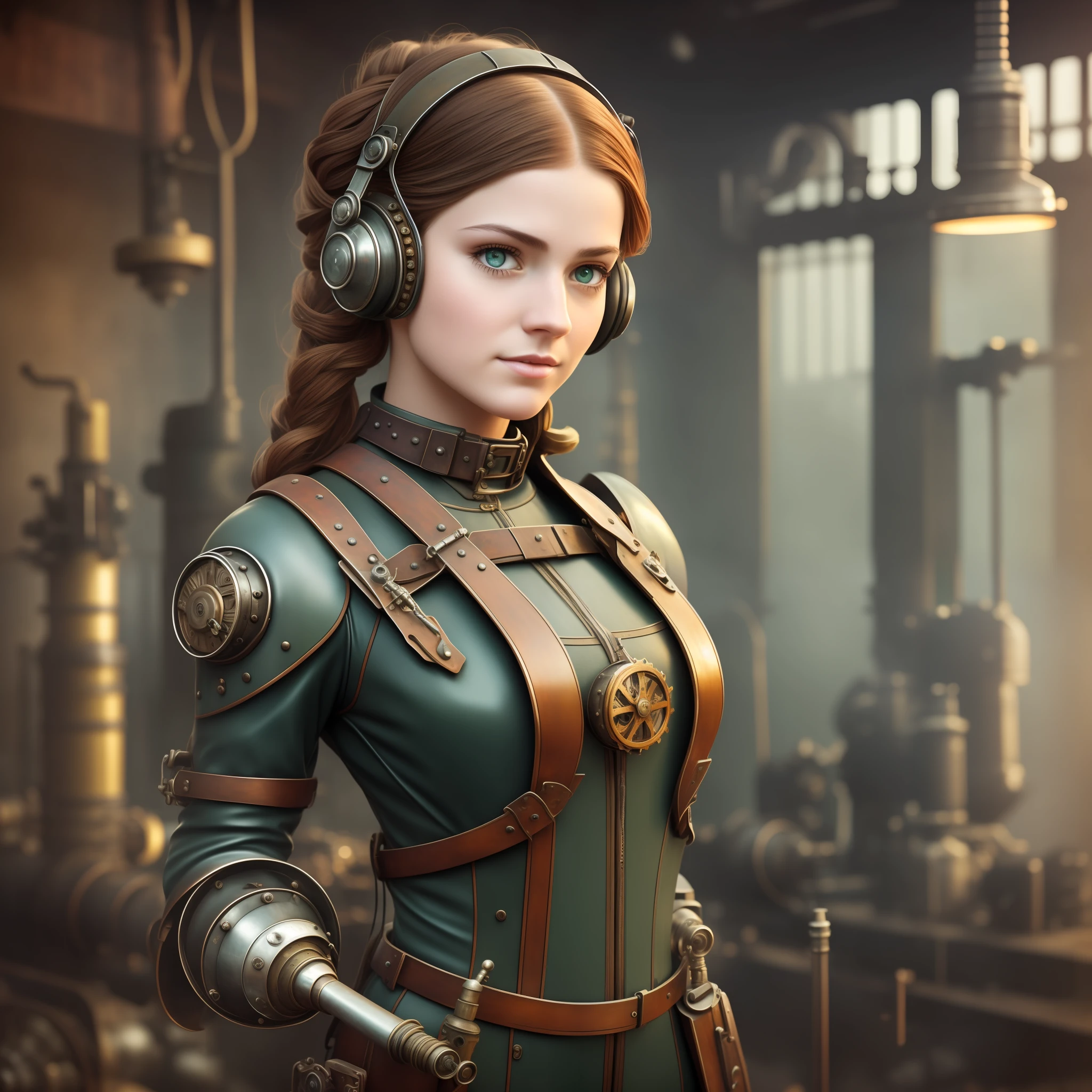 Street photography style image. A snapshot inside the steampunk garage. Jetpack with metal wings hanging from the ceiling. A beautiful 19-years-old Norse Goddess steampunk girl in light gray jumpsuit fixing a steam engine car. Red long boots, intercom headset. steampunk choker, perfect detailed face, detailed symmetric green eyes with circular iris, wavy ginger hair, wearing intercom headset, overall theme is Industrial Steampunk, cogs and gears, steamy background with lots of steam pipes and steam valves and pressure gauges and gears, realistic, stunning realistic photograph, 3d render, octane render, cinematic, Isometric, Centered, hyperealistic cover photo, awesome full color, 12k, high definition, portrait featured on unsplash, smooth, ultra high definition, 8k, ultra sharp focus, intricate artwork, masterpiece, ominous, epic, highly detailed, warm cinematic