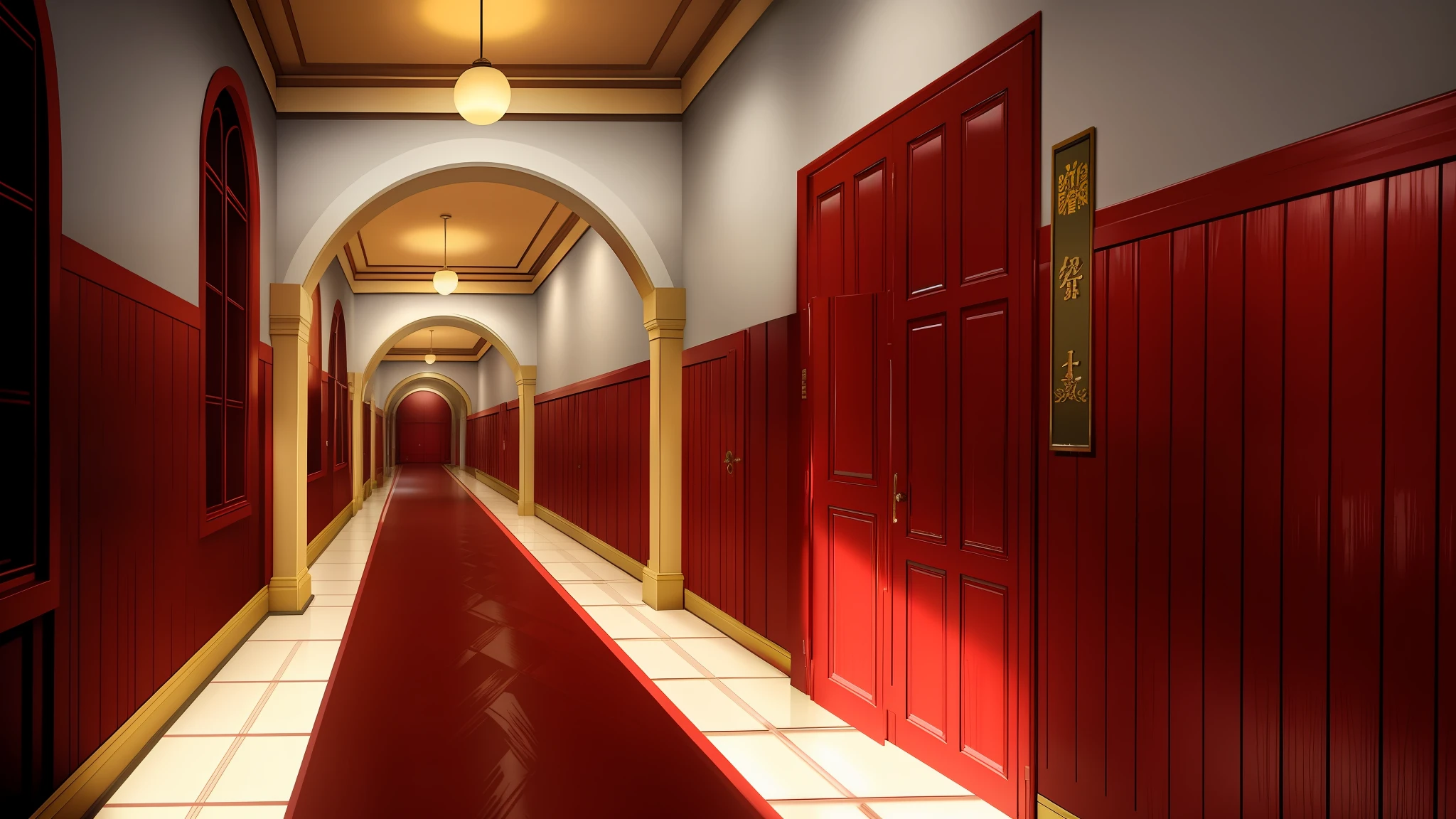 It is a bright morning corridor, white walls, western style architecture, there is a red carpet on the floor of the long corridor, VA-11 hall-A, endless corridor, long dark corridor, madhouse studio anime style, corridor scenery, anime background art, apartment hallway, corridor, long corridor, theater access corridor, liminal space corridor, empty corridor, morning, sunlight, daytime