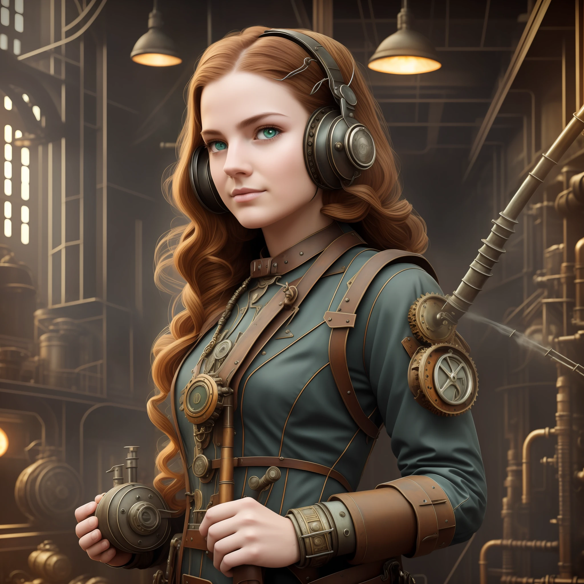 Street photography style image. A snapshot inside the steampunk garage. Jetpack with metal wings hanging from the ceiling. A beautiful 19-years-old Norse Goddess steampunk girl in light gray jumpsuit fixing a steam engine car. Red long boots, intercom headset. steampunk choker, perfect detailed face, detailed symmetric green eyes with circular iris, wavy ginger hair, wearing intercom headset, overall theme is Industrial Steampunk, cogs and gears, steamy background with lots of steam pipes and steam valves and pressure gauges and gears, realistic, stunning realistic photograph, 3d render, octane render, cinematic, Isometric, Centered, hyperealistic cover photo, awesome full color, 12k, high definition, portrait featured on unsplash, smooth, ultra high definition, 8k, ultra sharp focus, intricate artwork, masterpiece, ominous, epic, highly detailed, warm cinematic