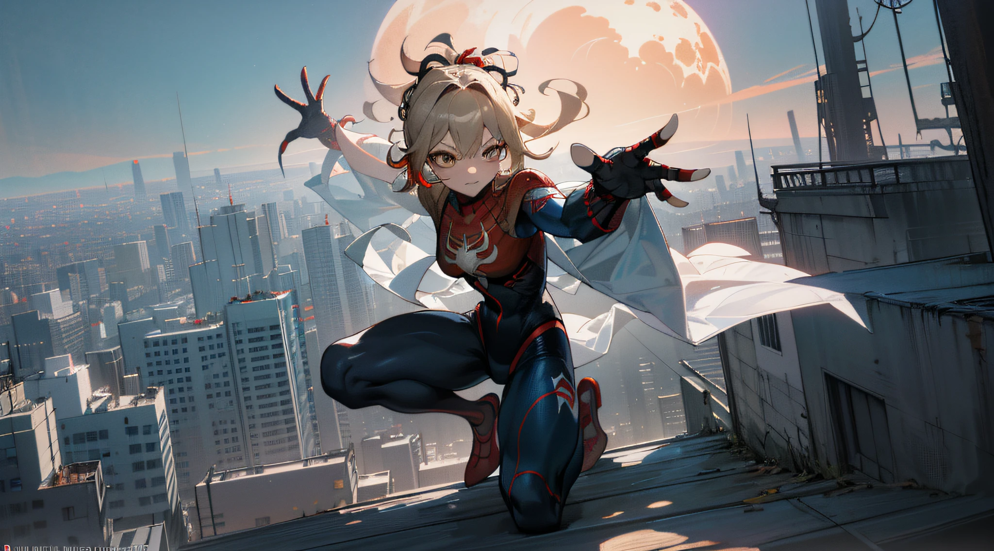 (Masterpiece, 4K resolution, ultra-realistic, very detailed), (White superhero theme, glamorous, there's a girl at the top of town, wearing a Spider-Man costume, she's a superhero,[((25 years old), full body, ((Spider-Man pose), show strength, jump from building to building), ((sandy urban environment): 0.8)|(cityscape, night, dynamic lights), (full moon))]] # Note: The prompt mainly describes ultra-high-definition 4K paintings, which are very realistic and very detailed. It shows a superheroine at the top of the city, dressed in a Spider-Man costume. The subject of the painting is a white superhero theme, he is 25 years old and his entire figure is shown in the painting. In depicting the behavior of superheroes, spiders, perfect hands, five fingers, perfect face, delicate face,
