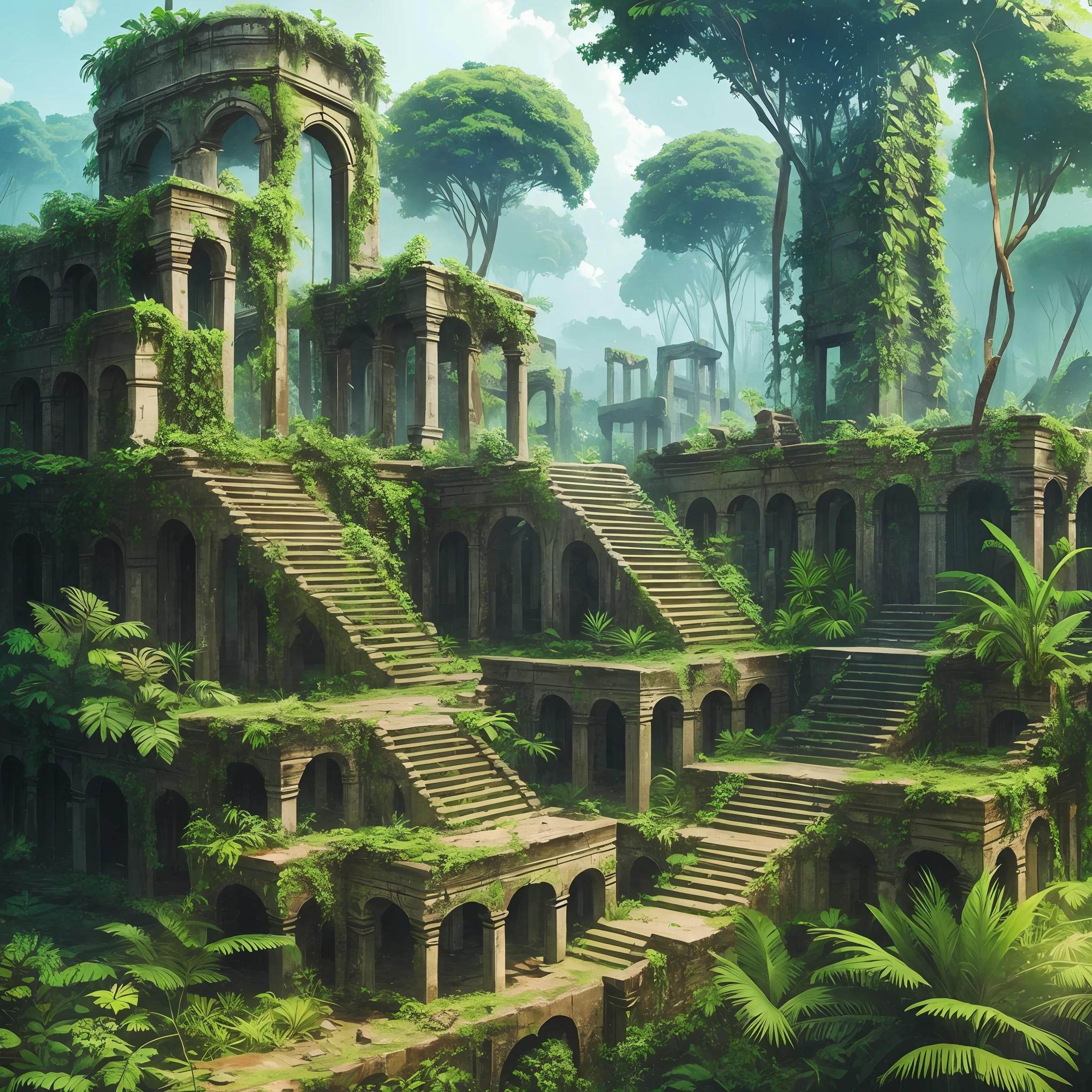 Ruins of an ancient civilization in a deep jungle, topped with a lot of plants --auto --s2