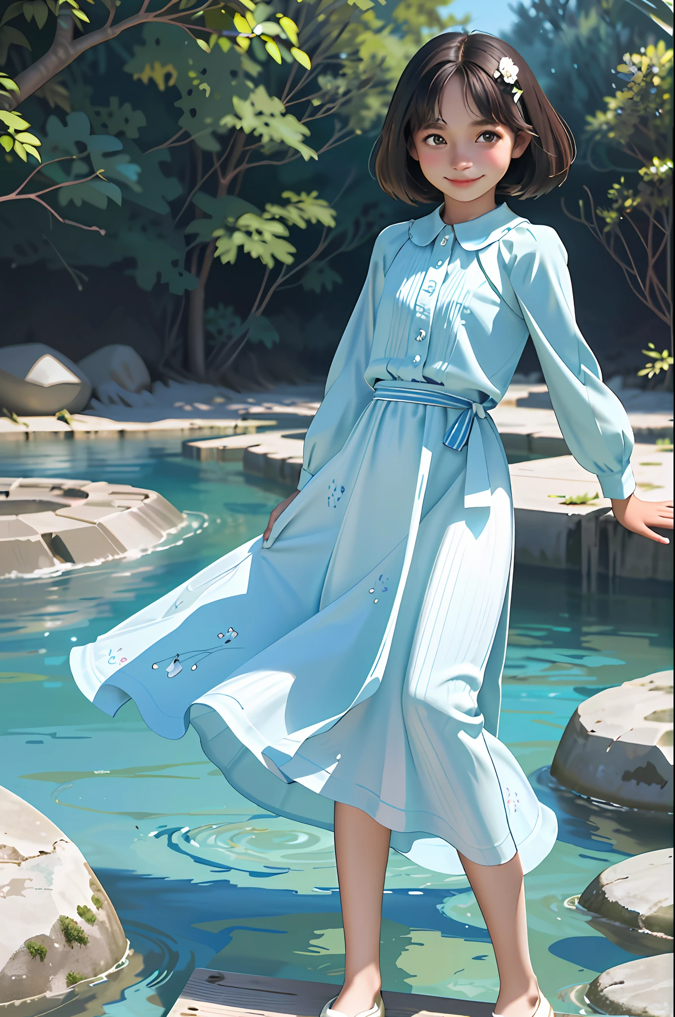 Beautiful girl who looks exactly like STU48's Kai Kokoai, Kai Kokoai, looks exactly like Kai Kokoai, smile, STU48's favorite person, STU48's 3rd single "I love you" costume, STU48's single favorite person costume, Very short hair, more short hair, short short hair, short short hair, dark brown hair, 1 girl, 18 years old, photo, realistic, top quality, detailed face, strong sunlight, sea, embankment, detailed background, diffused sunlight, depth of field, bokeh (top quality: 1.2), (masterpiece: 1.2), looking at the viewer, knee-length long dress with a white short-sleeved collar, with collar, long dress, best smile, more thin light blue stripes,