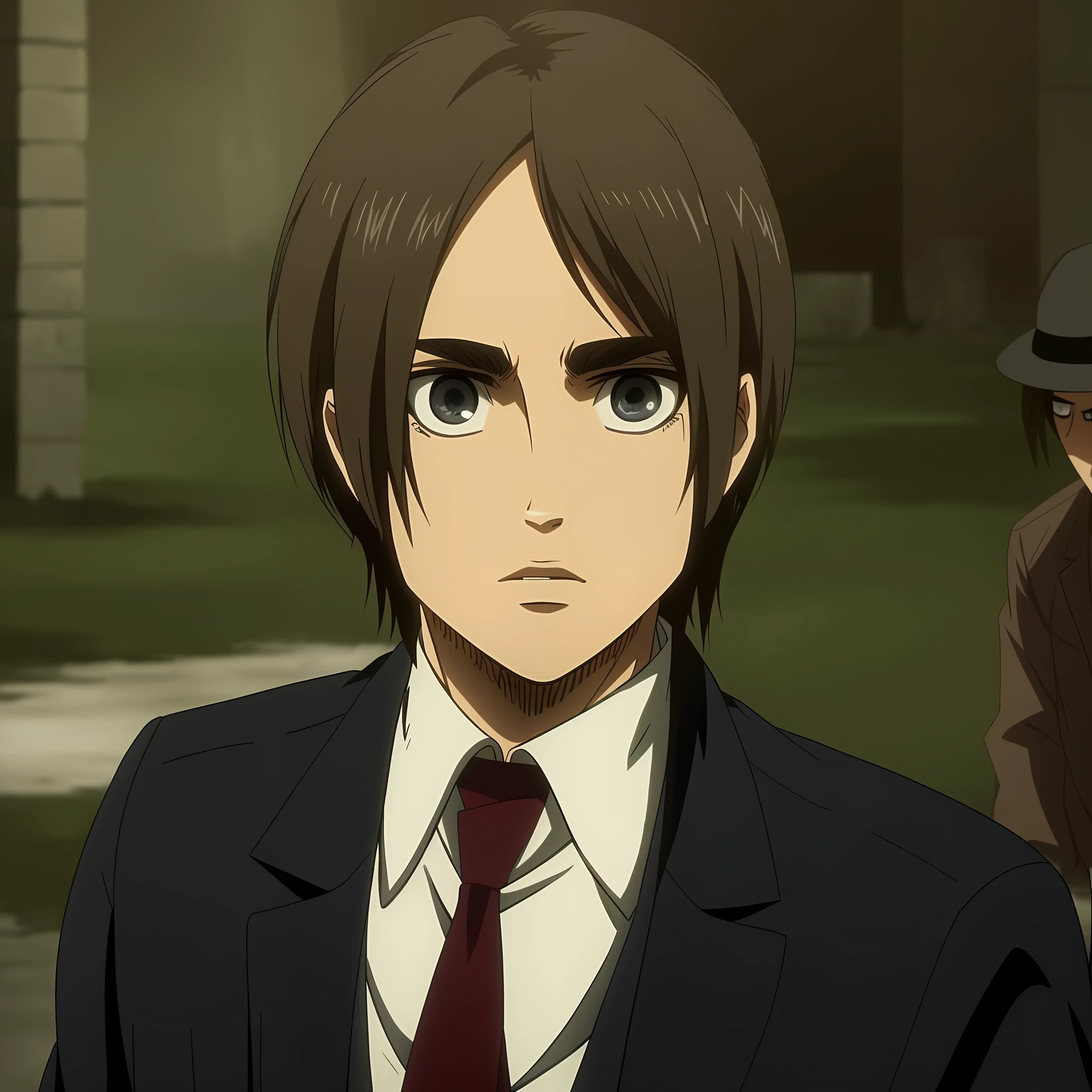 best quality, masterpiece, (realistic: 1.2), 1 man, Eren Jaeger, black jeans, black pants, brown hair, attack on Titan, cold background, black jacket, slim body, high definition, high quality, black clothes