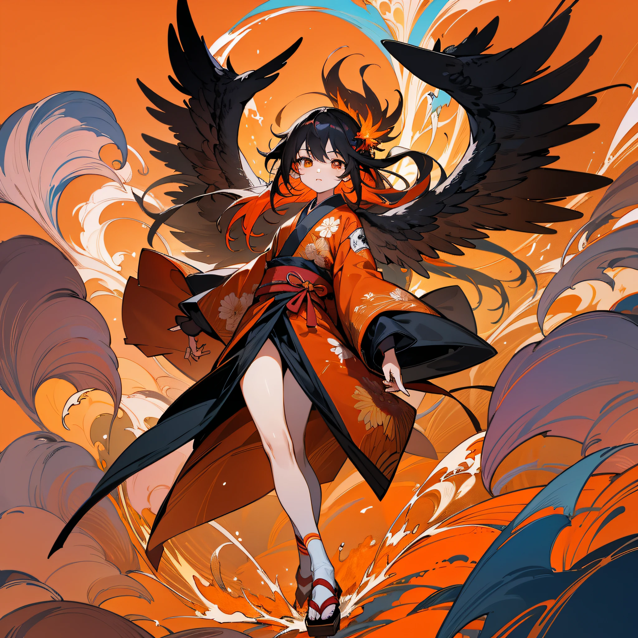 masterpiece, best quality, {best quality}, {{masterpiece}}, {highres}, drawing, 2d digital drawing, anime, 1girl, anime girl, adult, exotic, long hair, colored hair, colors, colorful, orange sky, bird, bird, bird, phoenix, phoenix, firebird, japanese clothing, kimono, ornithologist, fire, fire, tengu, flames wings, wings catching fire, lava --auto --s2