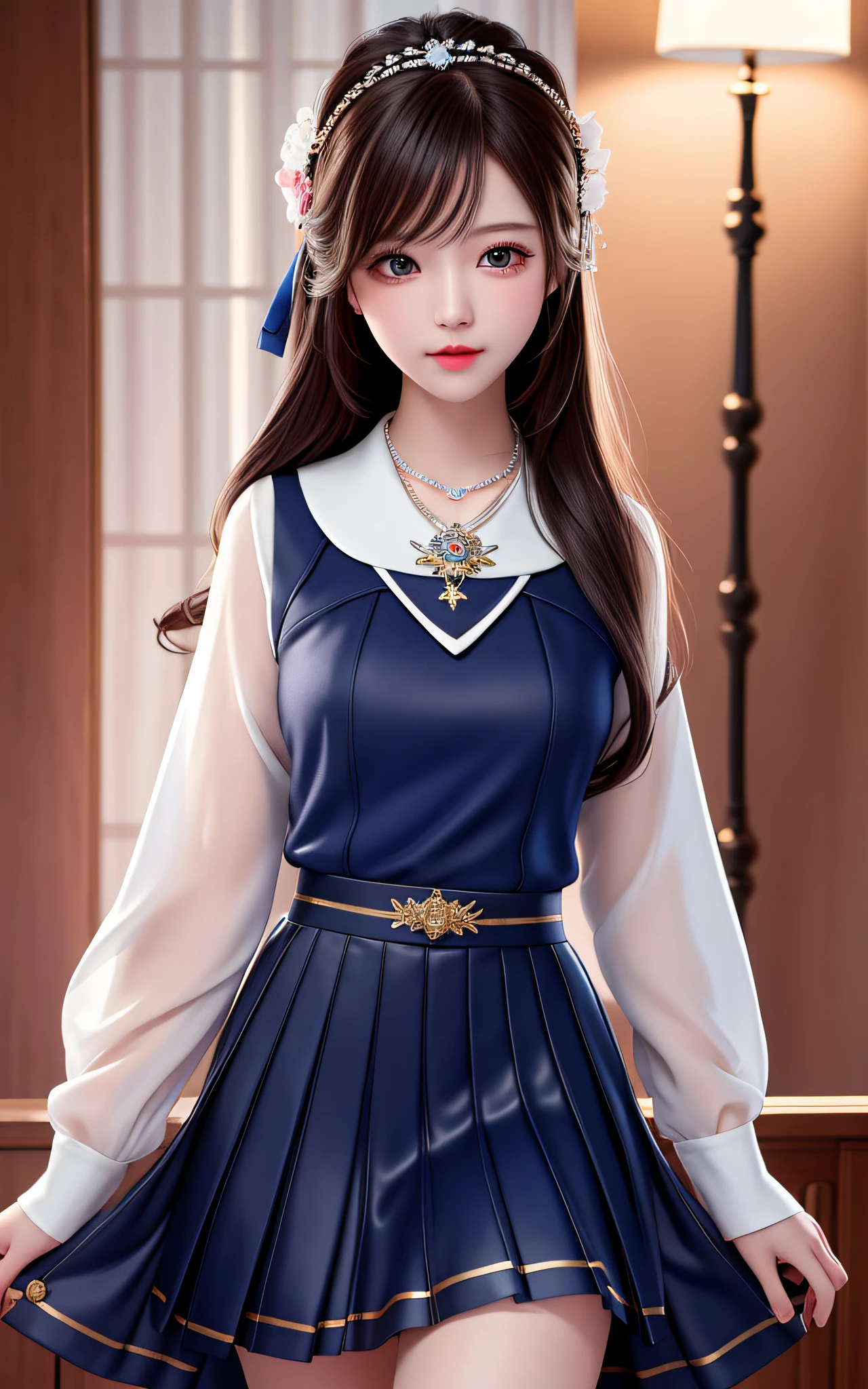 Top Quality, Masterpiece, High Resolution, 1girl, Porcelain Dress, Hair Accessories, Necklace, Jewelry, Beautiful Face, On Body, Tyndall Effect, Realistic, Dark Studio, Edge Lighting, Two-tone Lighting, (High Detail Skin: 1.2), 8k UHD, DSLR, Soft Light, High Quality, Volume Light, Candid, Photo, High Resolution, 4K, 8K, background blur, schoolgirl, uniform,