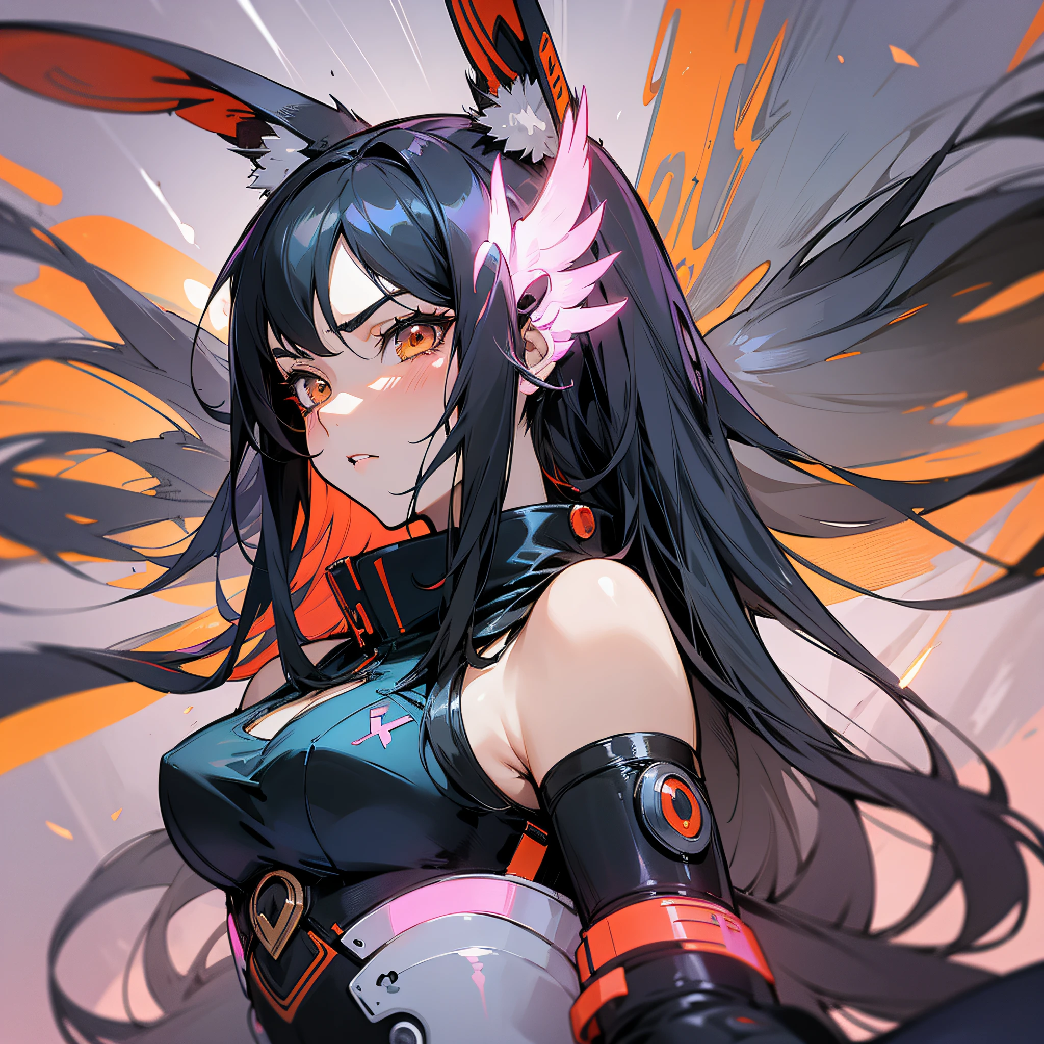 anime style, a closeup of a cartoon of a woman with wings, with rabbit ears, girl design, mara, portrait, giesha, anime image, long hair, black hair, hair covering ears, serious, cyberpunk, polished and powerful look, exotic, tall --auto --s2