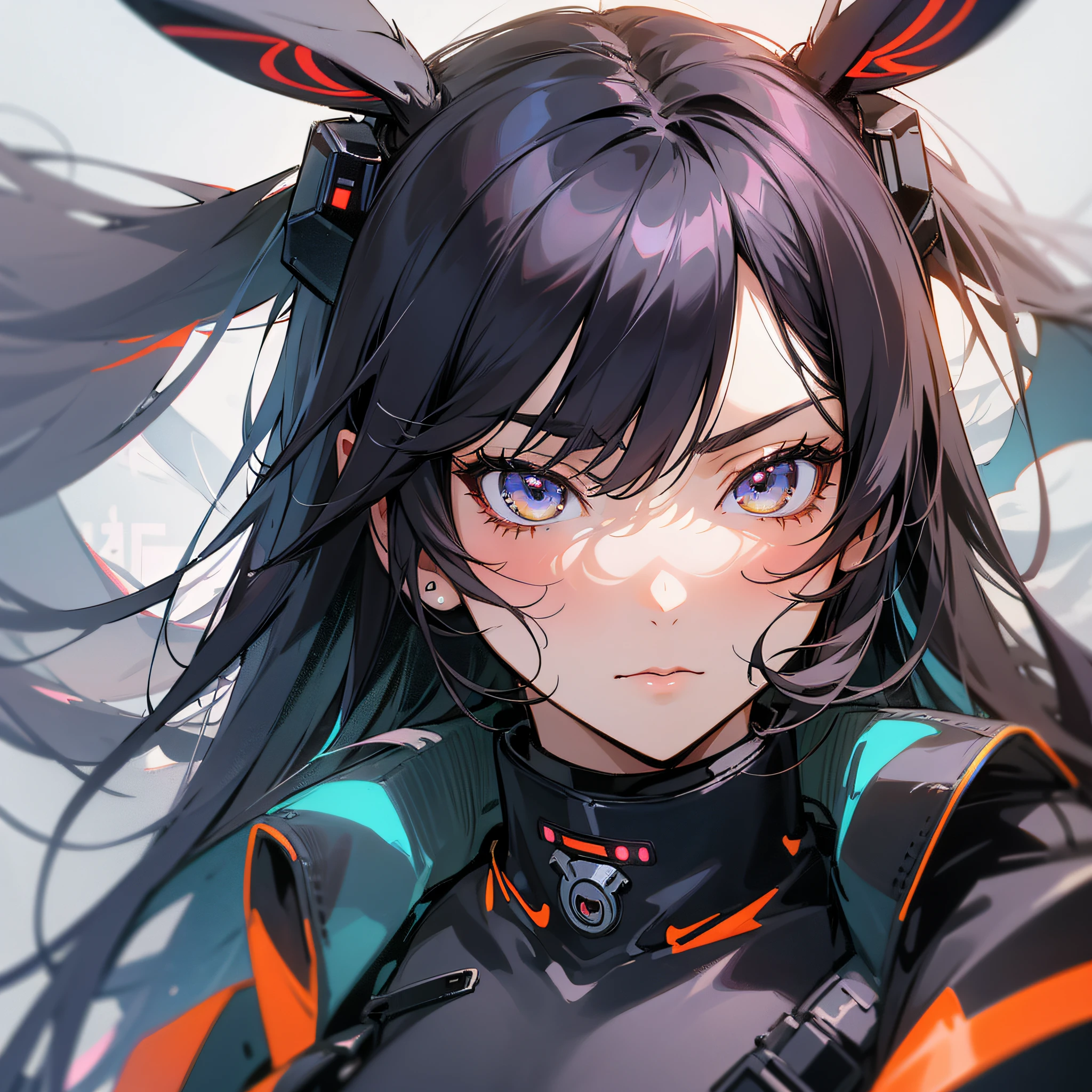 anime style, a closeup of a cartoon of a woman with wings, with rabbit ears, girl design, mara, portrait, giesha, anime image, long hair, black hair, hair covering ears, serious, cyberpunk, polished and powerful look, exotic, tall --auto --s2