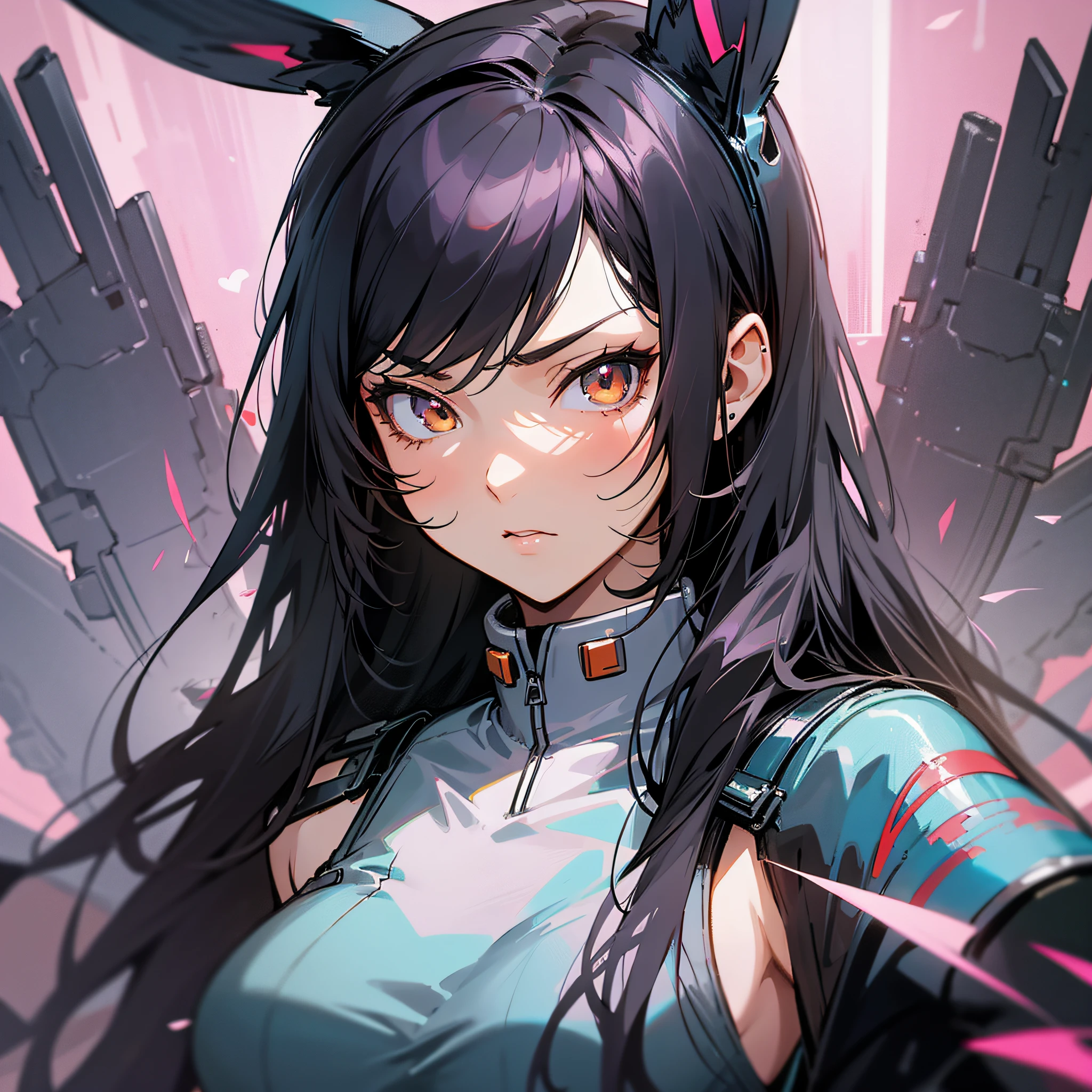 anime style, a closeup of a cartoon of a woman with wings, with rabbit ears, girl design, mara, portrait, giesha, anime image, long hair, black hair, hair covering ears, serious, cyberpunk, polished and powerful look, exotic, tall --auto --s2