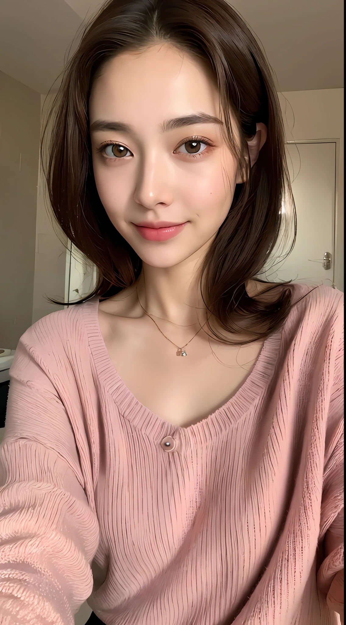 ((Night, Realistic Light, Best Quality, 8K, Masterpiece: 1.3)), 1girl, Slim Beauty: 1.4, Abs: 1.1, (Brown hair, Medium breasts: 1.3), Long pink sweater: 1.1, Bathroom, Super fine face, Delicate eyes, Double eyelids, smile, necklace
