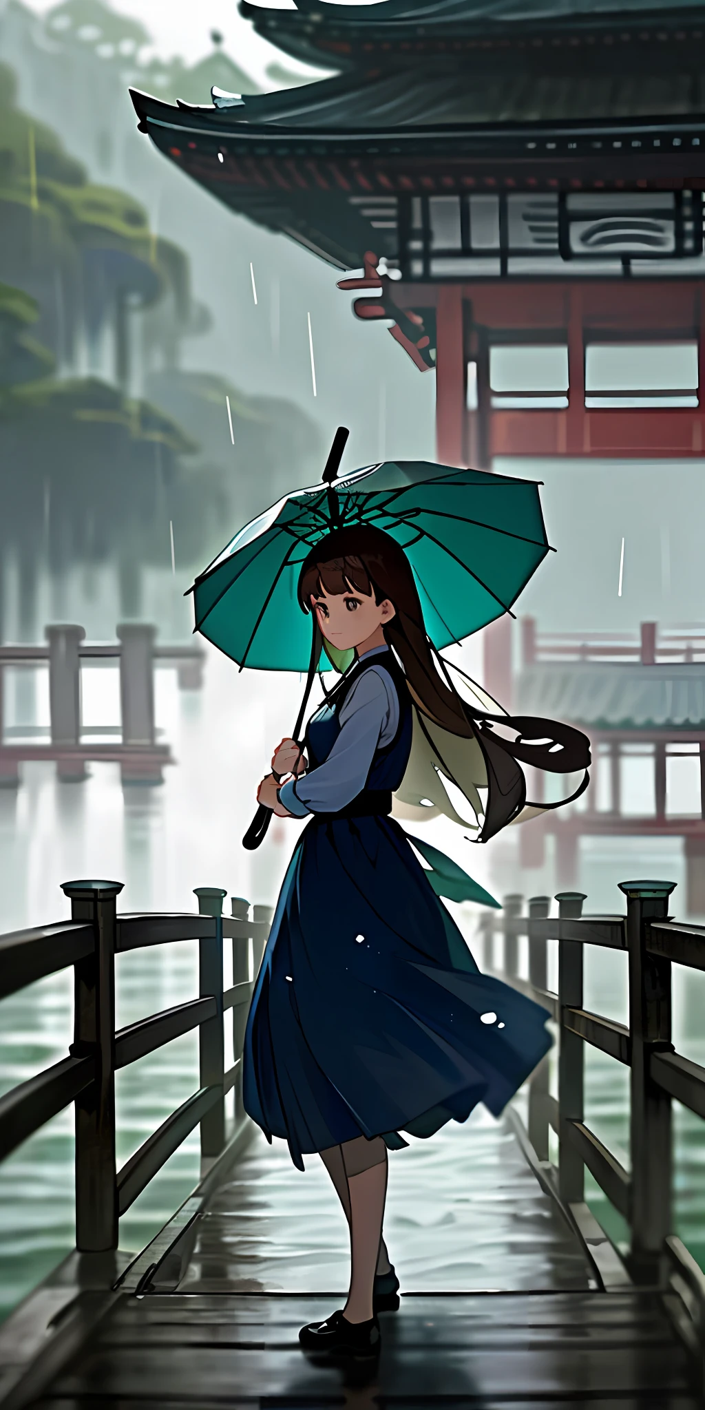 (Masterpiece, best quality), 1 long brunette girl standing on the bridge in Jiangnan Water Town on a rainy day, she holds an oil-paper umbrella, cool light, azure dress, blurred foreground