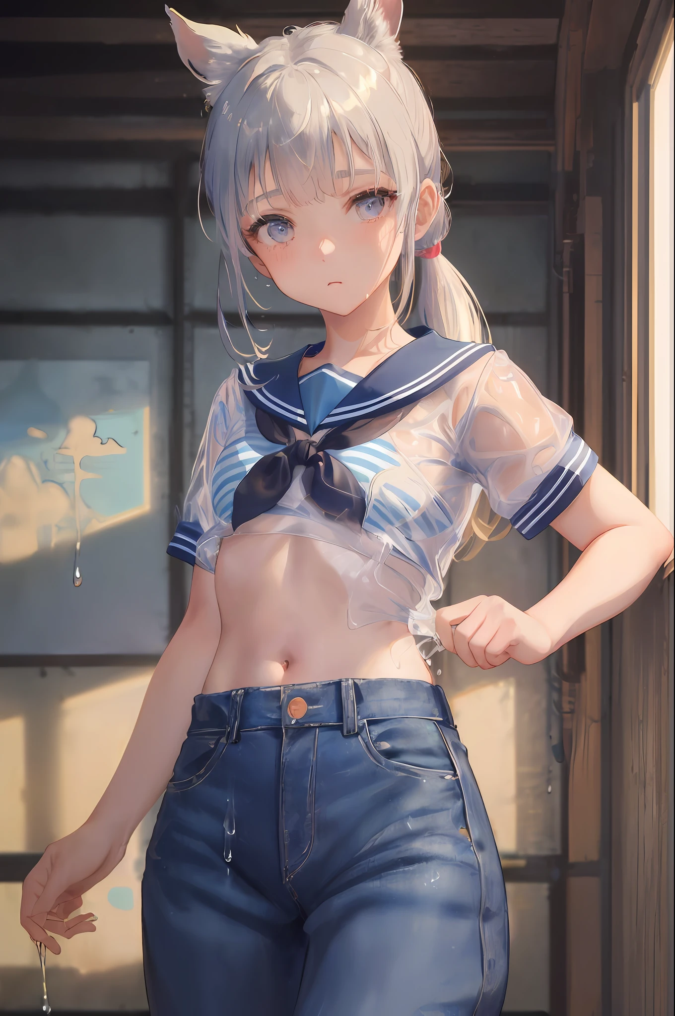 Cornflower Art, Dreamy, (Masterpiece, Top Quality, Perfect Anatomy, Beautiful Face, Realistic, Super Detailed, 1 Girl, 18 Ears Old Man, Solo, Depth of Field, Canon 24mm Lens, F1.4, cute_girl, sailor_ Collar, Clear Facial Features, Short Sleeves, Small, Slender Height, Height 170, Barefoot, Double Ponytail, Bangs, Gravure Pose, Indoors, Slouch, Chest gap jungle, blurred background, (Uwabaki: 1.1576)) whole body, clear liquid dripping from the crotch, the front of the shirt is exposed, breasts are visible, transparent bra, light blue striped buns, erotic, , NSFW movie,